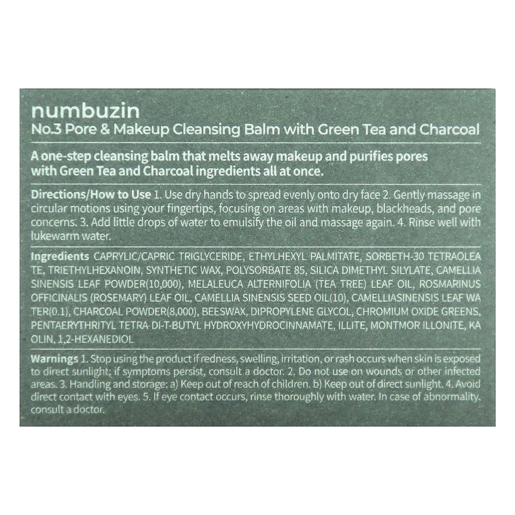 Numbuzin, No.3 Pore & Makeup Cleansing Balm With Green Tea and Charcoal, 2.99 oz (85 g)