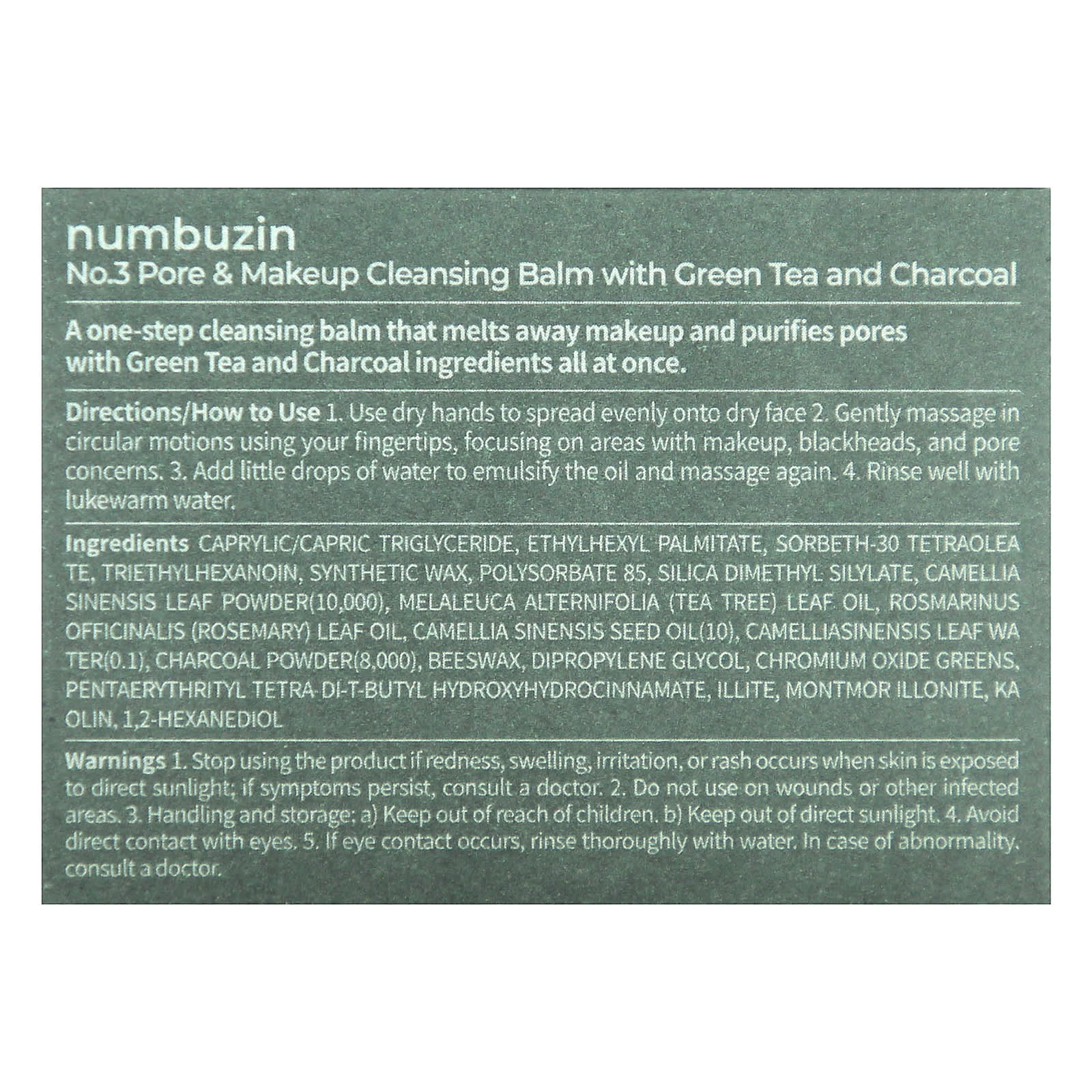 Numbuzin, No.3 Pore & Makeup Cleansing Balm With Green Tea and Charcoal, 2.99 oz (85 g)