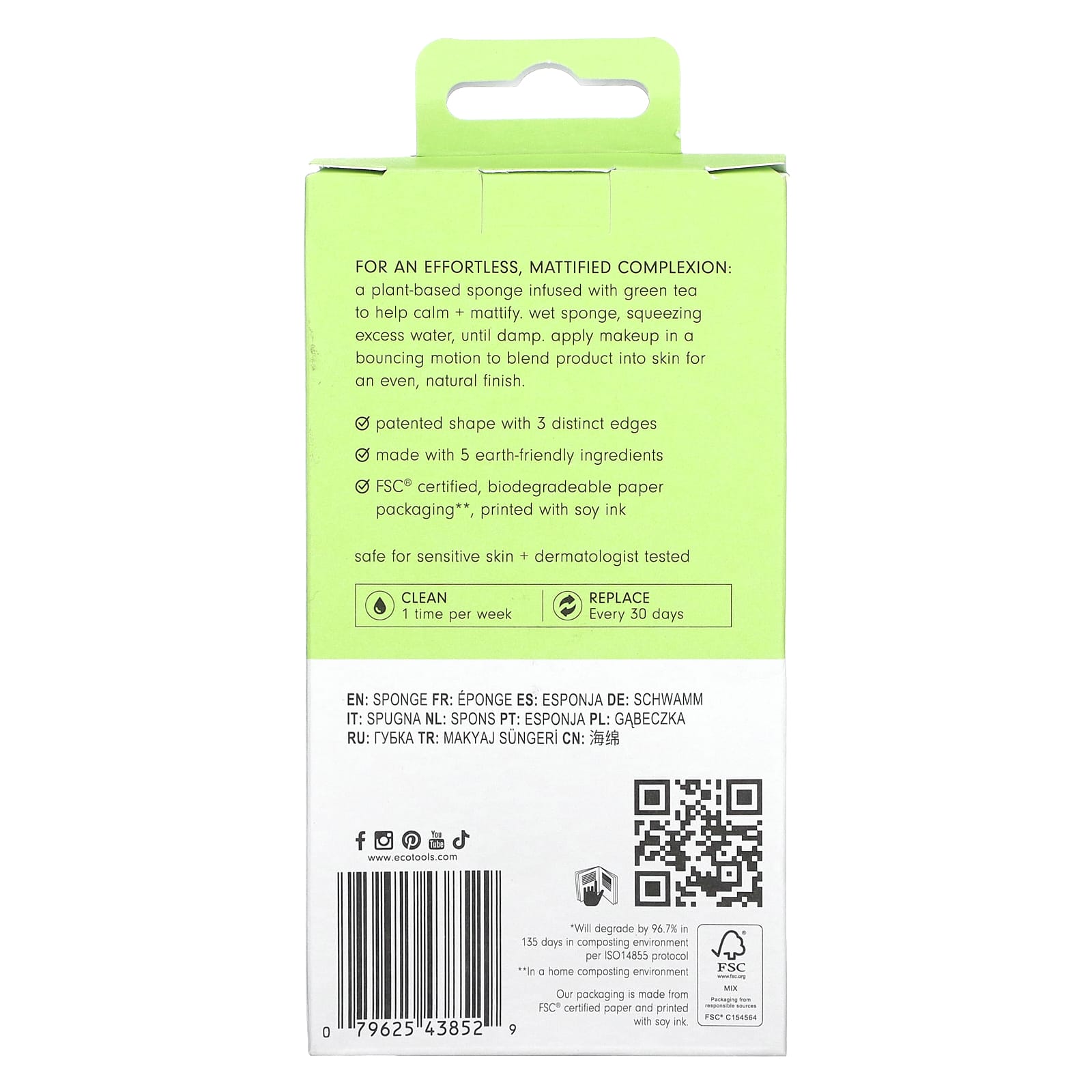 EcoTools, Bioblender, Compostable Makeup Sponge + Natural Infusions, Green, 1 Sponge