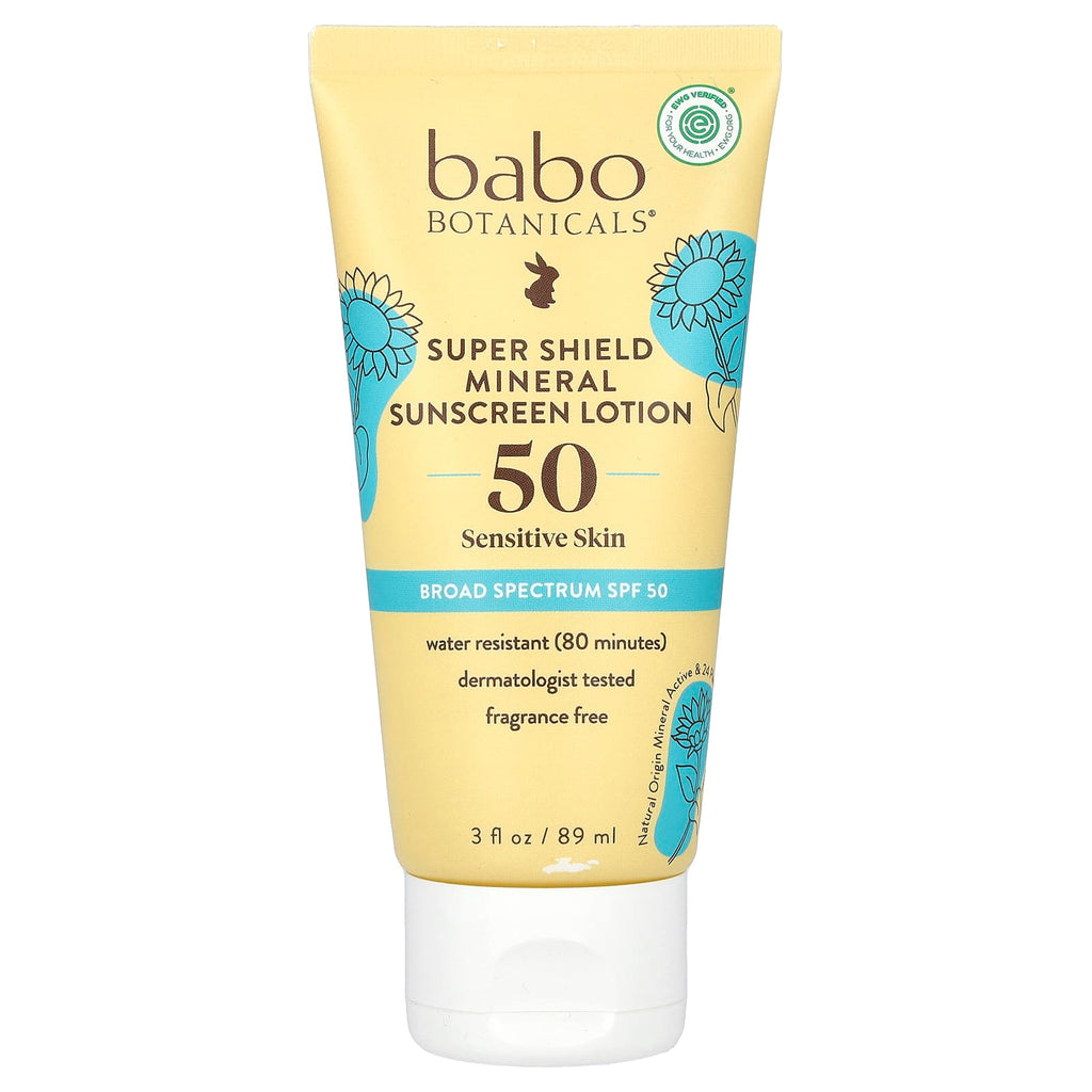 Babo Botanicals, Super Shield Mineral Sunscreen Lotion, SPF 50, Fragrance Free, 3 fl oz (89 ml)