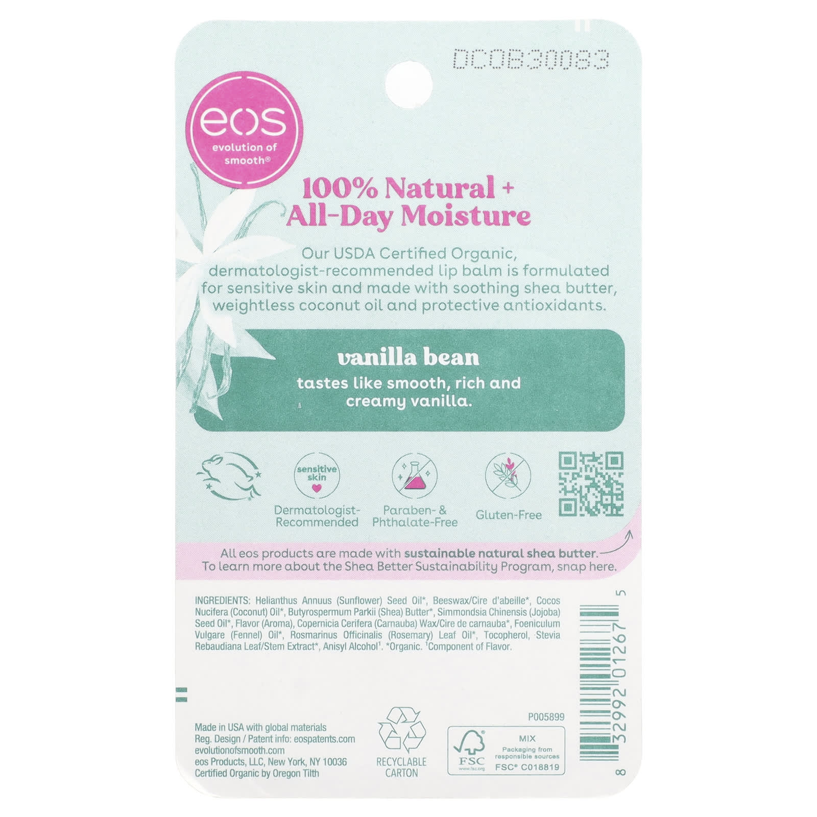EOS, 100% Natural Organic Lip Balm, Vanilla Bean, 2 Pack, 0.14 oz (4 g) Each