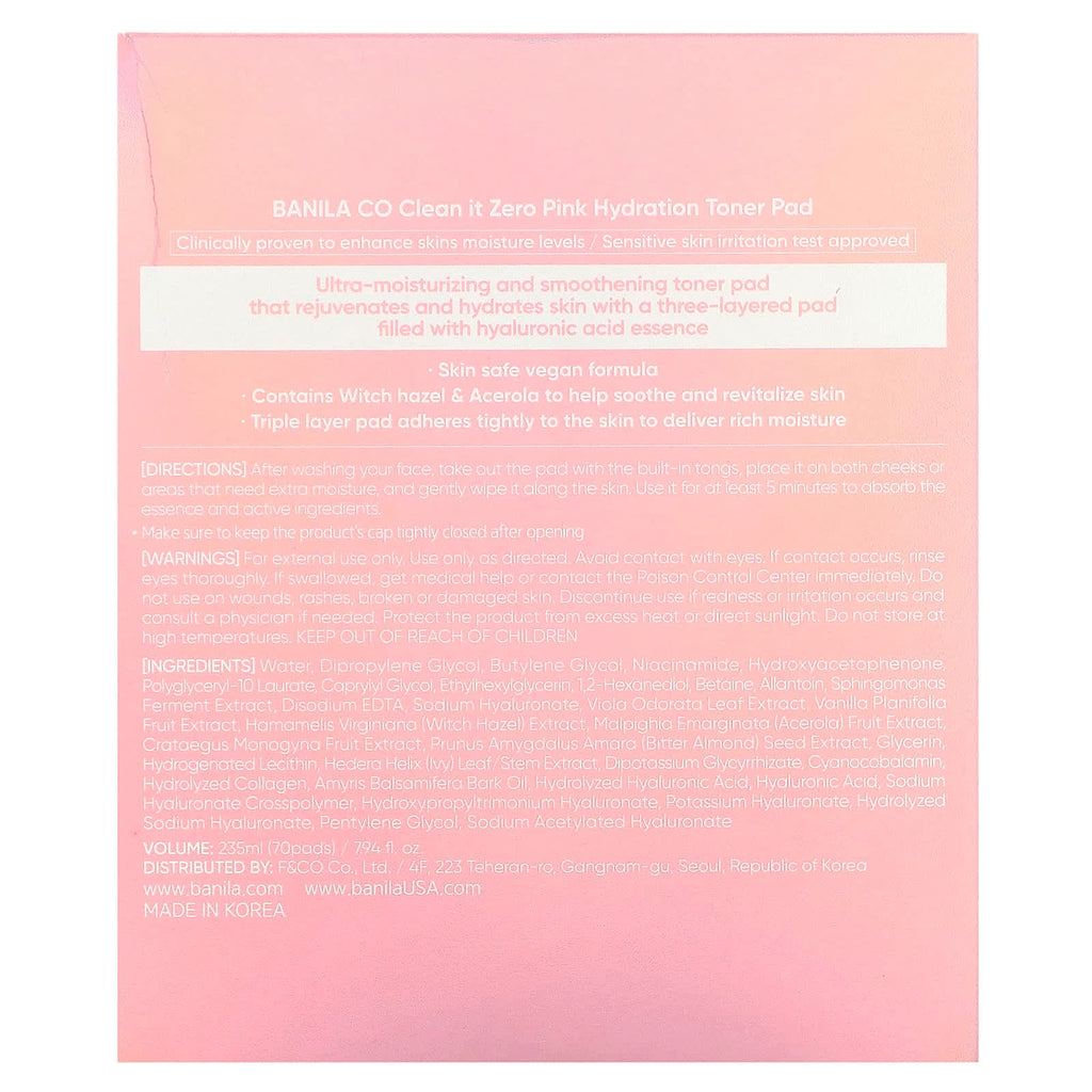 Banila Co, Clean it Zero, Pink Hydration Toner Pad, 70 Pads, 7.94 fl oz (235 ml)
