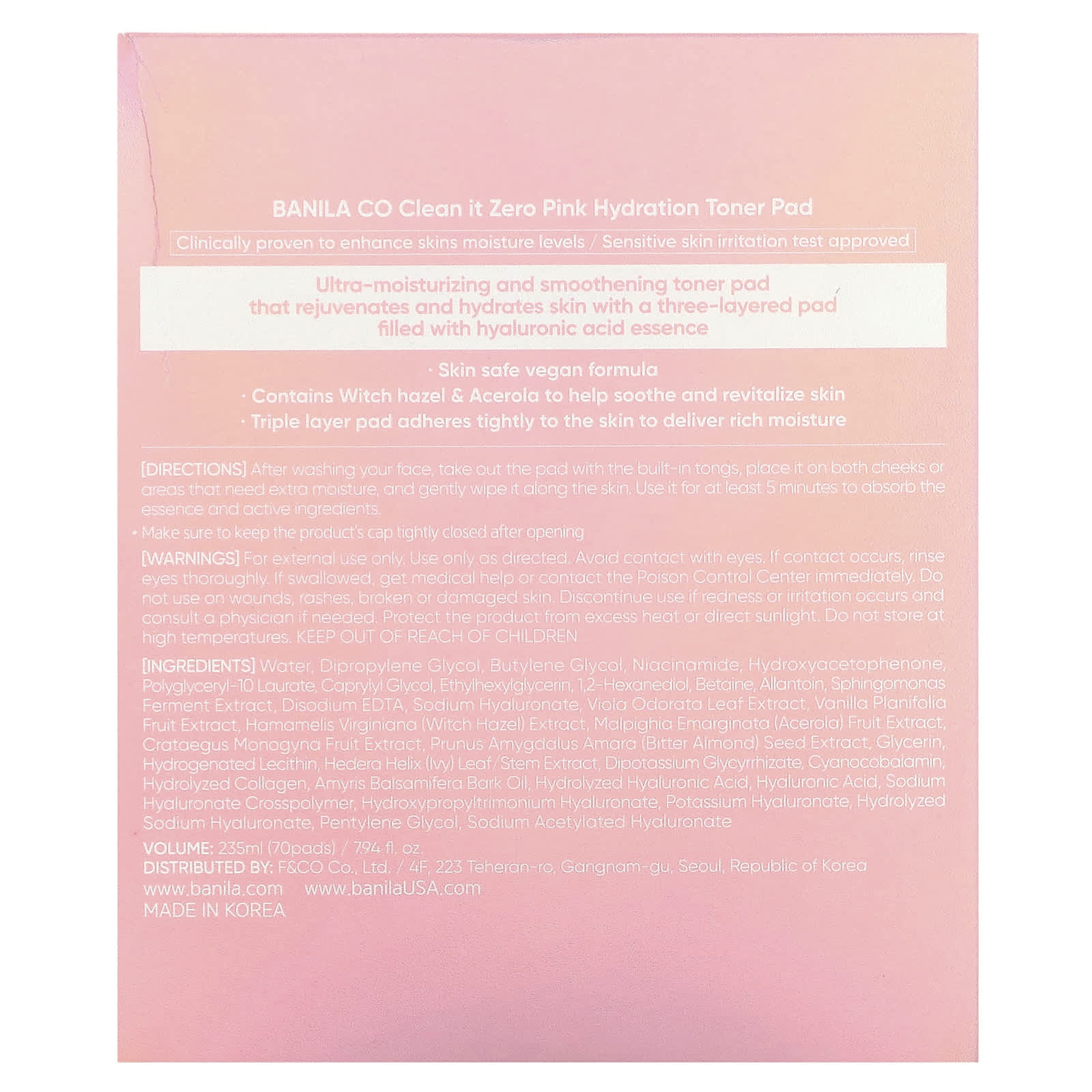 Banila Co, Clean it Zero, Pink Hydration Toner Pad, 70 Pads, 7.94 fl oz (235 ml)