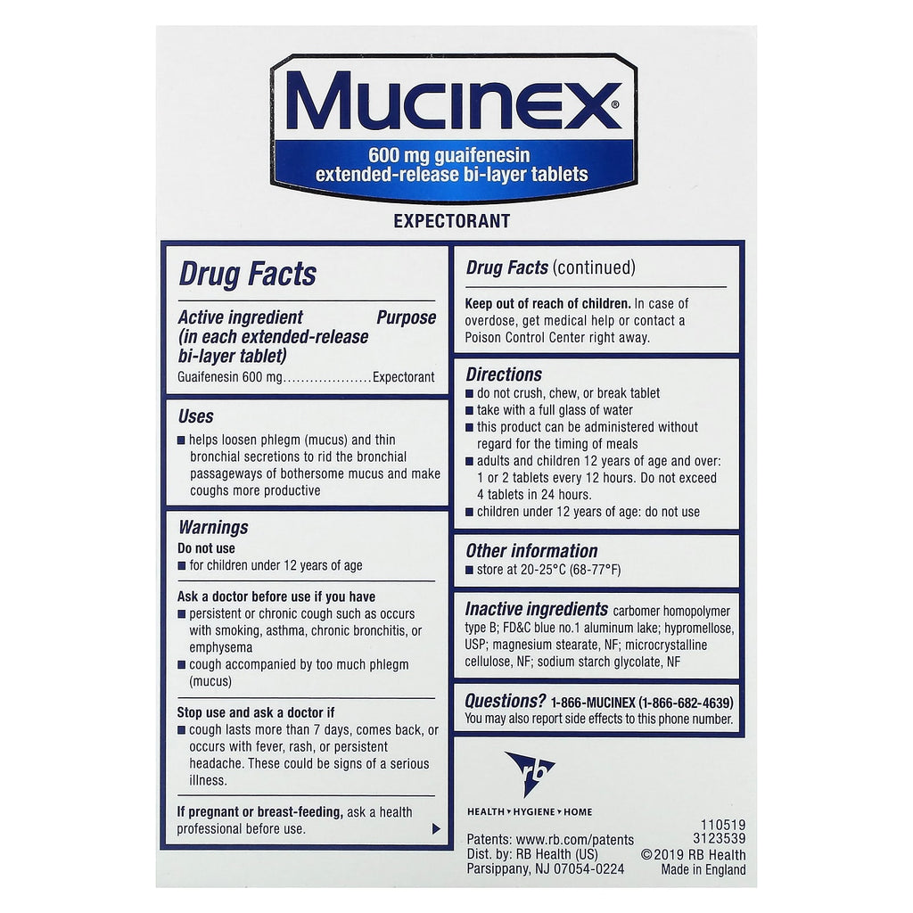 Mucinex, Mucinex, 600 mg, 20 Extended-Release Bi-Layer Tablets
