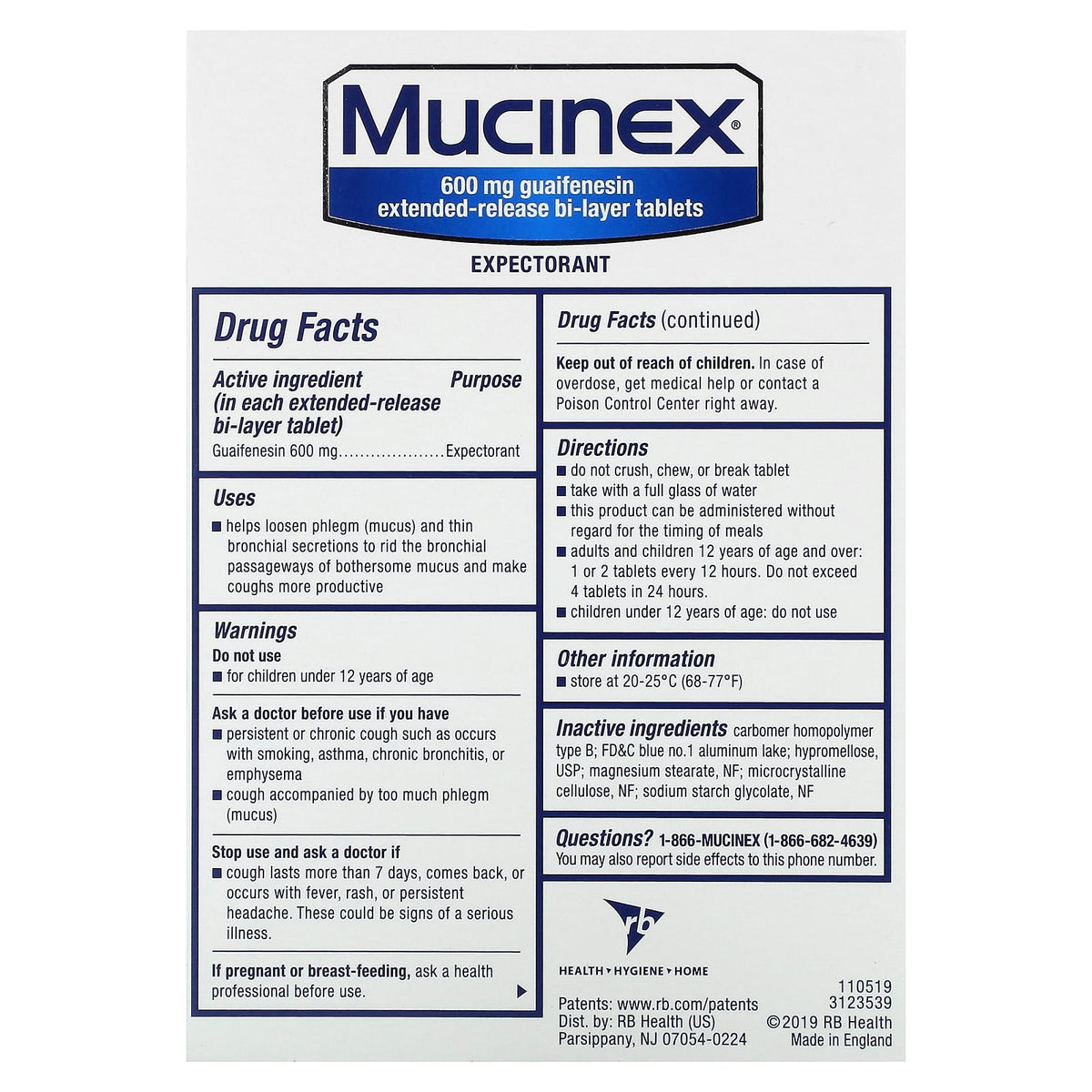 Mucinex, Mucinex, 600 mg, 20 Extended-Release Bi-Layer Tablets