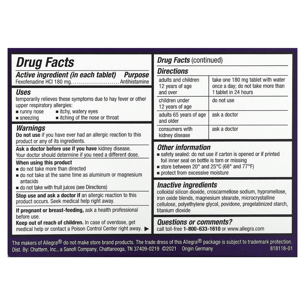 Allegra, Allergy 24 HR, Non-Drowsy, 180 mg , 40 Tablets