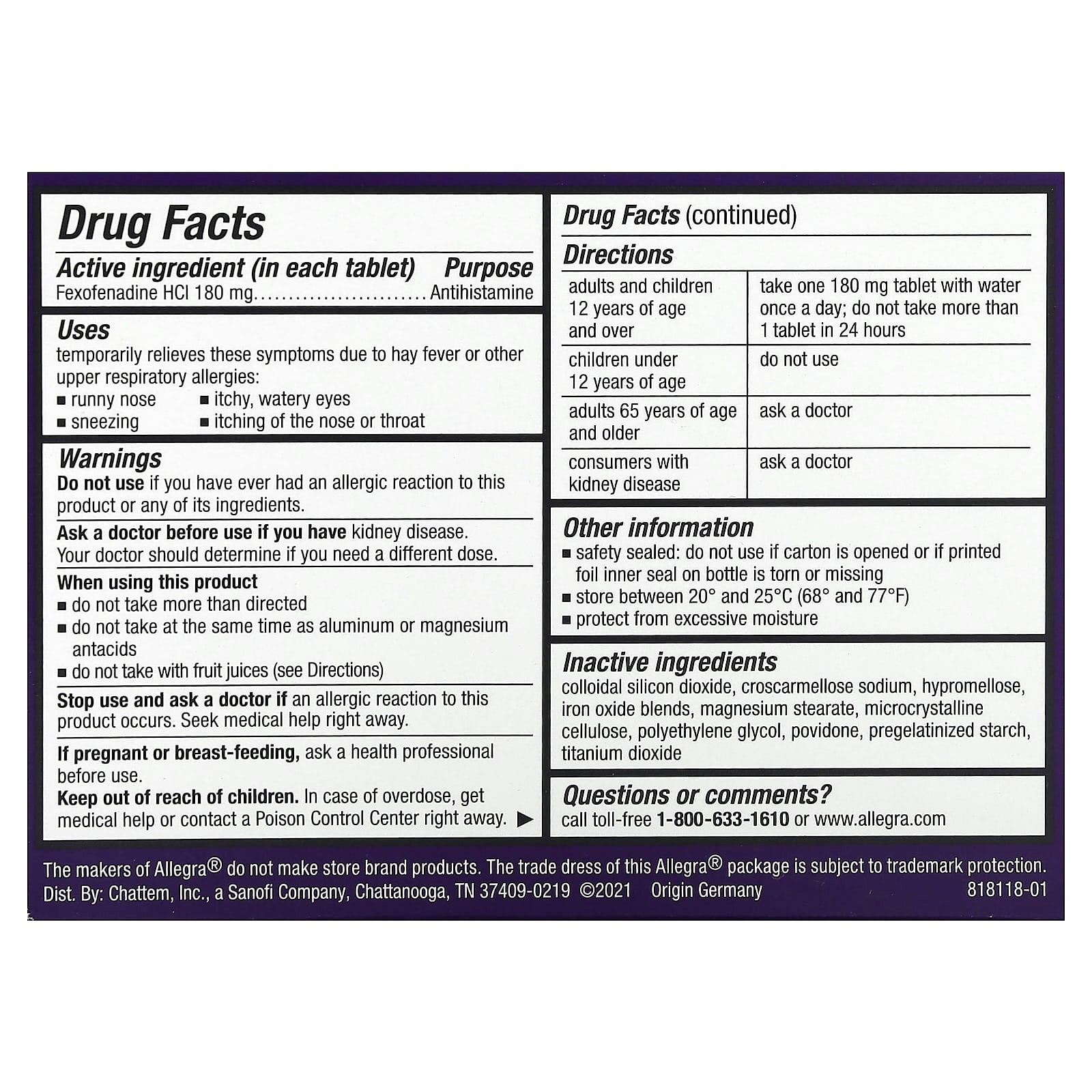 Allegra, Allergy 24 HR, Non-Drowsy, 180 mg , 40 Tablets