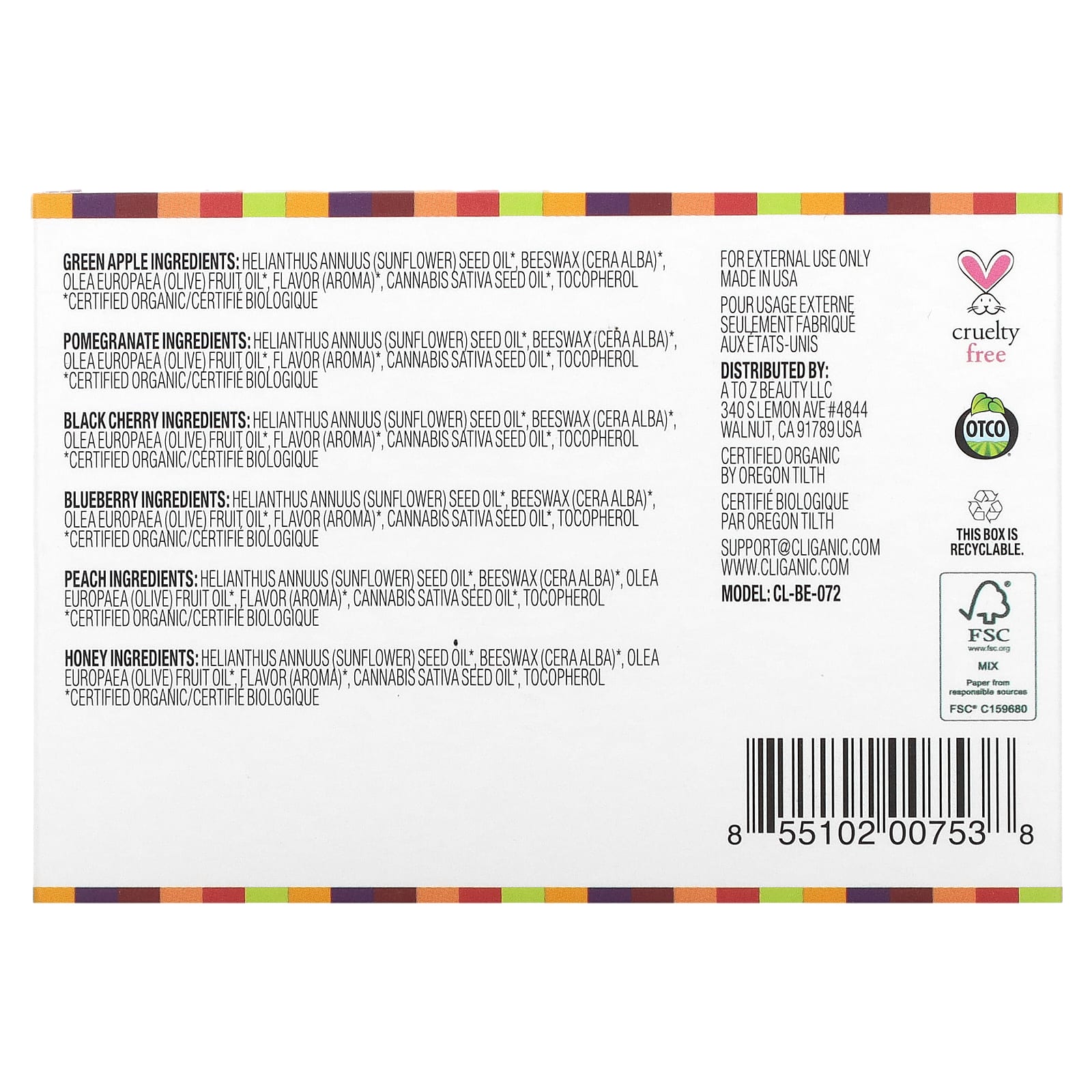 Cliganic, Organic Lip Balm Set, 6 Pack, 0.15 oz (4.25 g) Each