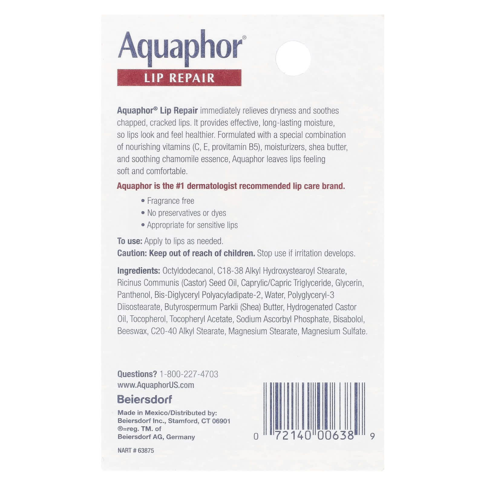 Aquaphor, Lip Repair, Immediate Relief, Fragrance Free, 0.35 fl oz (10 ml)