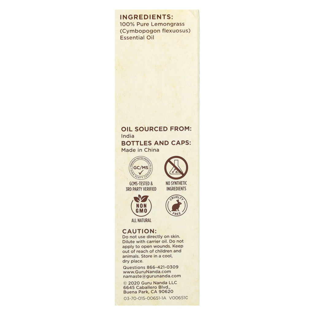 GuruNanda, 100% Pure & Natural Essential Oil, Lemongrass, 0.5 fl oz (15 ml)