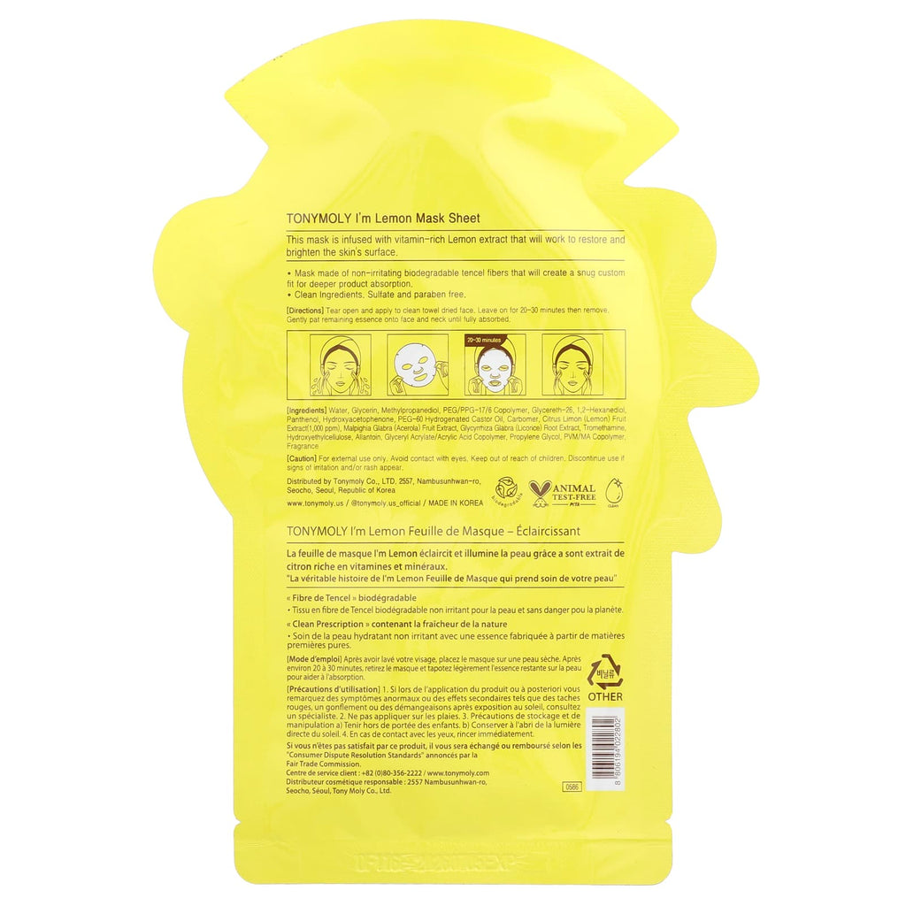 TonyMoly, I'm Lemon, Brightening Beauty Mask Sheet, 1 Sheet, 0.74 oz (21 g)