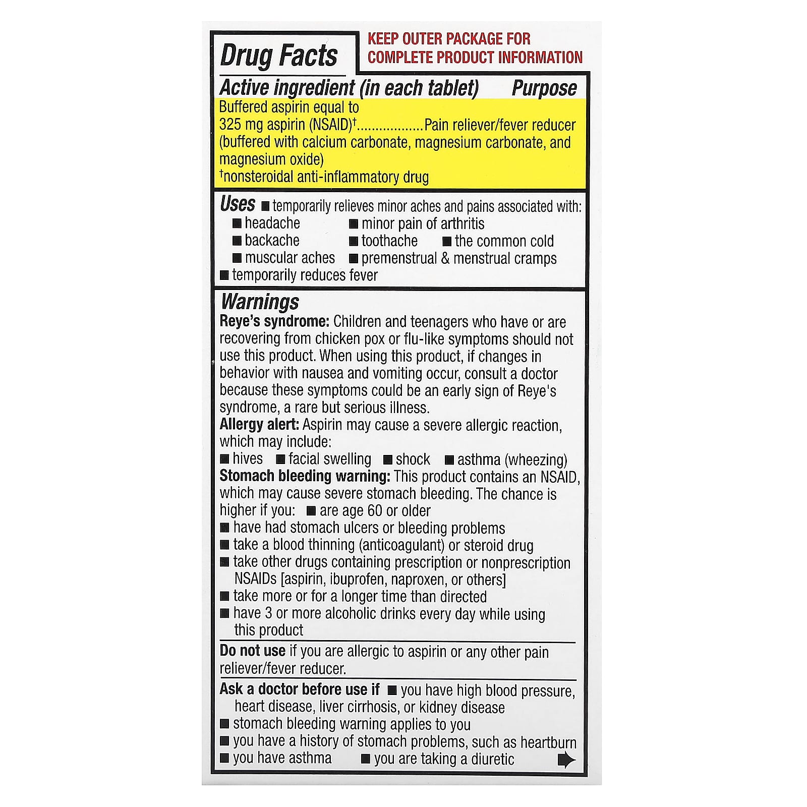 Bufferin, Buffered Aspirin (NSAID), Regular Strength, 130 Coated Tablets (325 mg per Tablet)