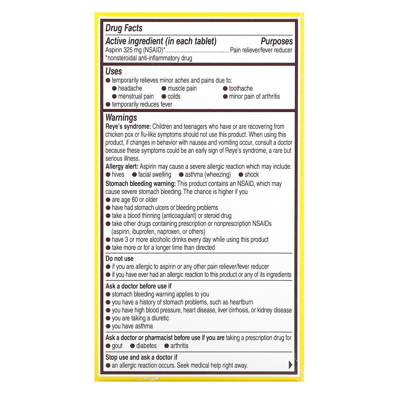 Bayer, Genuine Aspirin, 325 mg , 100 Coated Tablets