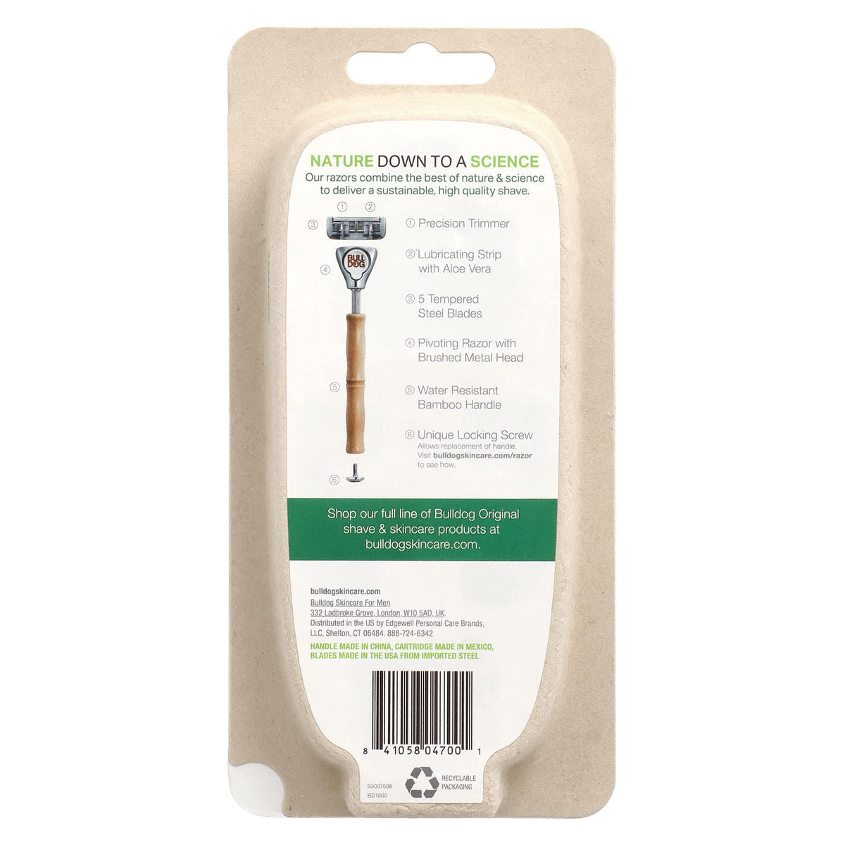 Bulldog Skincare For Men, Original Bamboo Razor, 1 Razor, 2 Cartridges