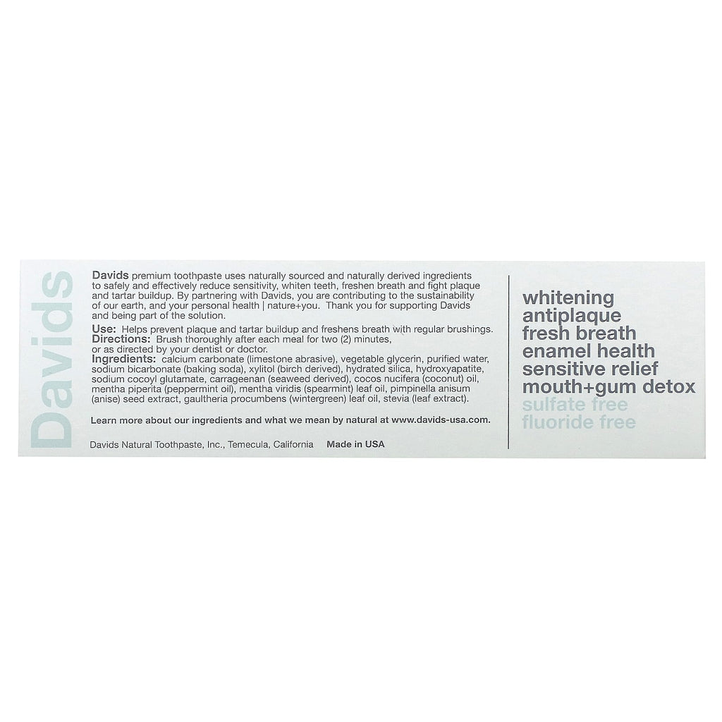 Davids, Premium Toothpaste, Sensitive + Whitening, Natural Peppermint, 1.75 oz (50 g)