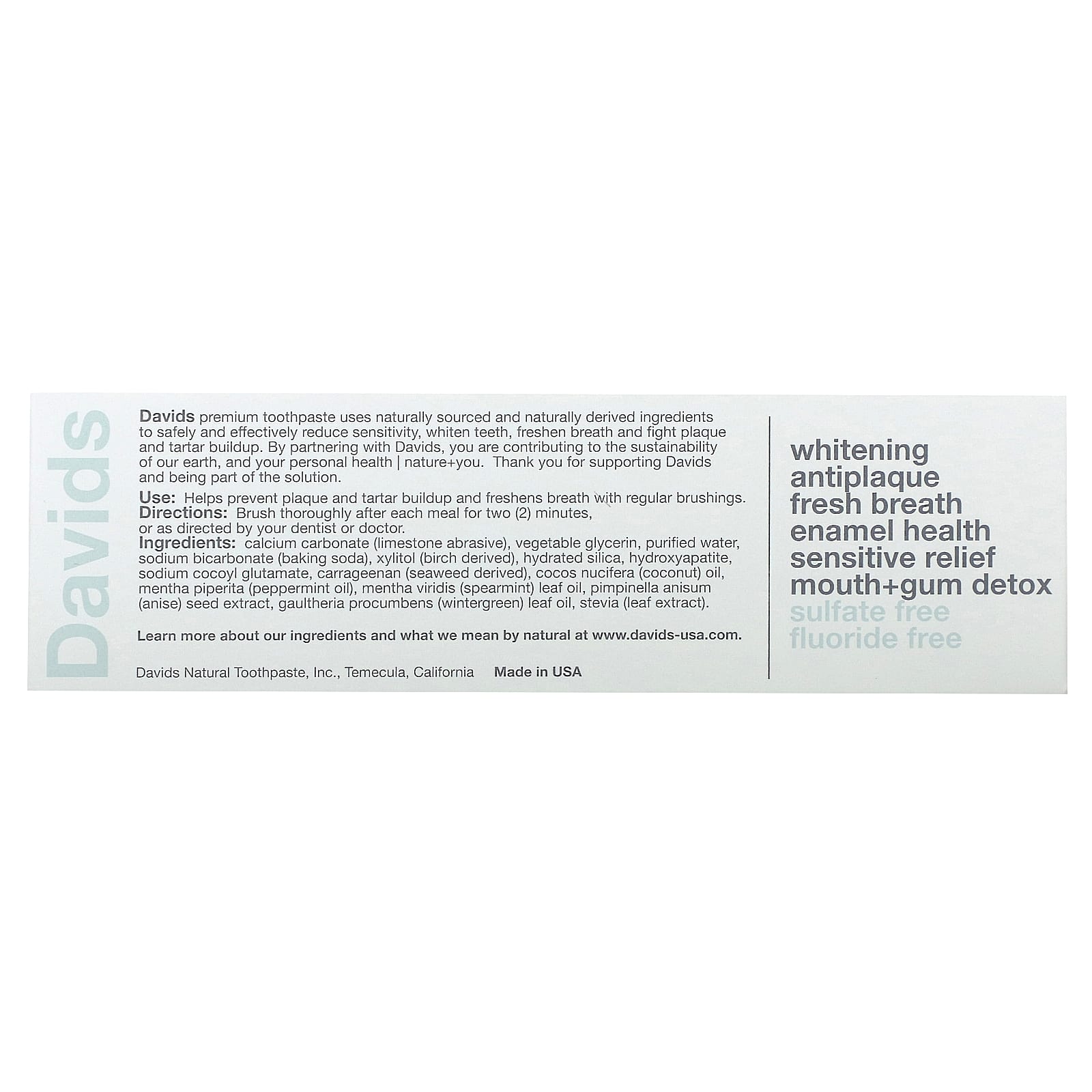 Davids, Premium Toothpaste, Sensitive + Whitening, Natural Peppermint, 1.75 oz (50 g)