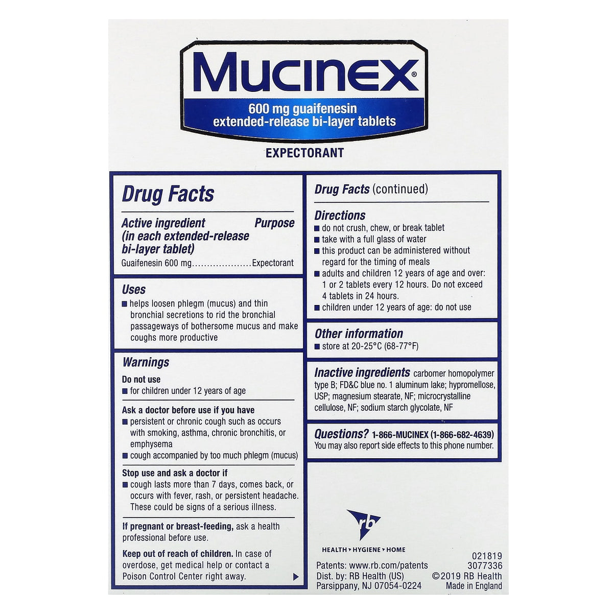 Mucinex, Mucinex, 600 mg, 40 Extended-Release Bi-Layer Tablets