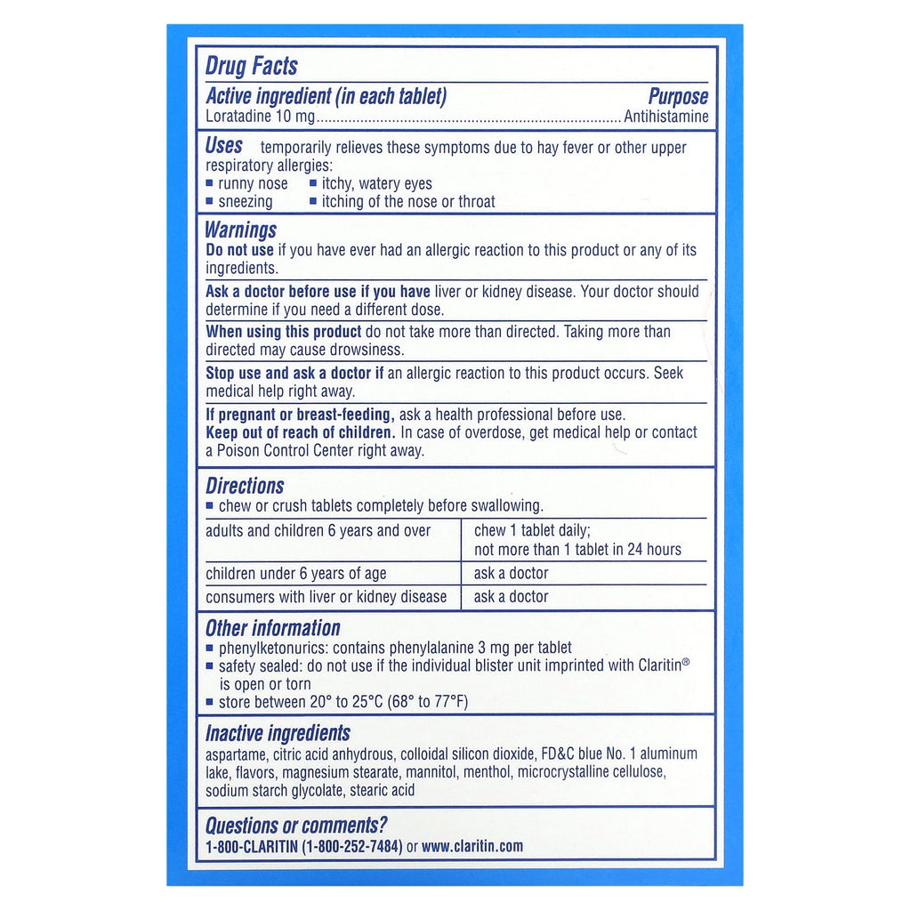Claritin, Non-Drowsy, Chewables, Cool Mint, 10 mg, 24 Chewable Tablets