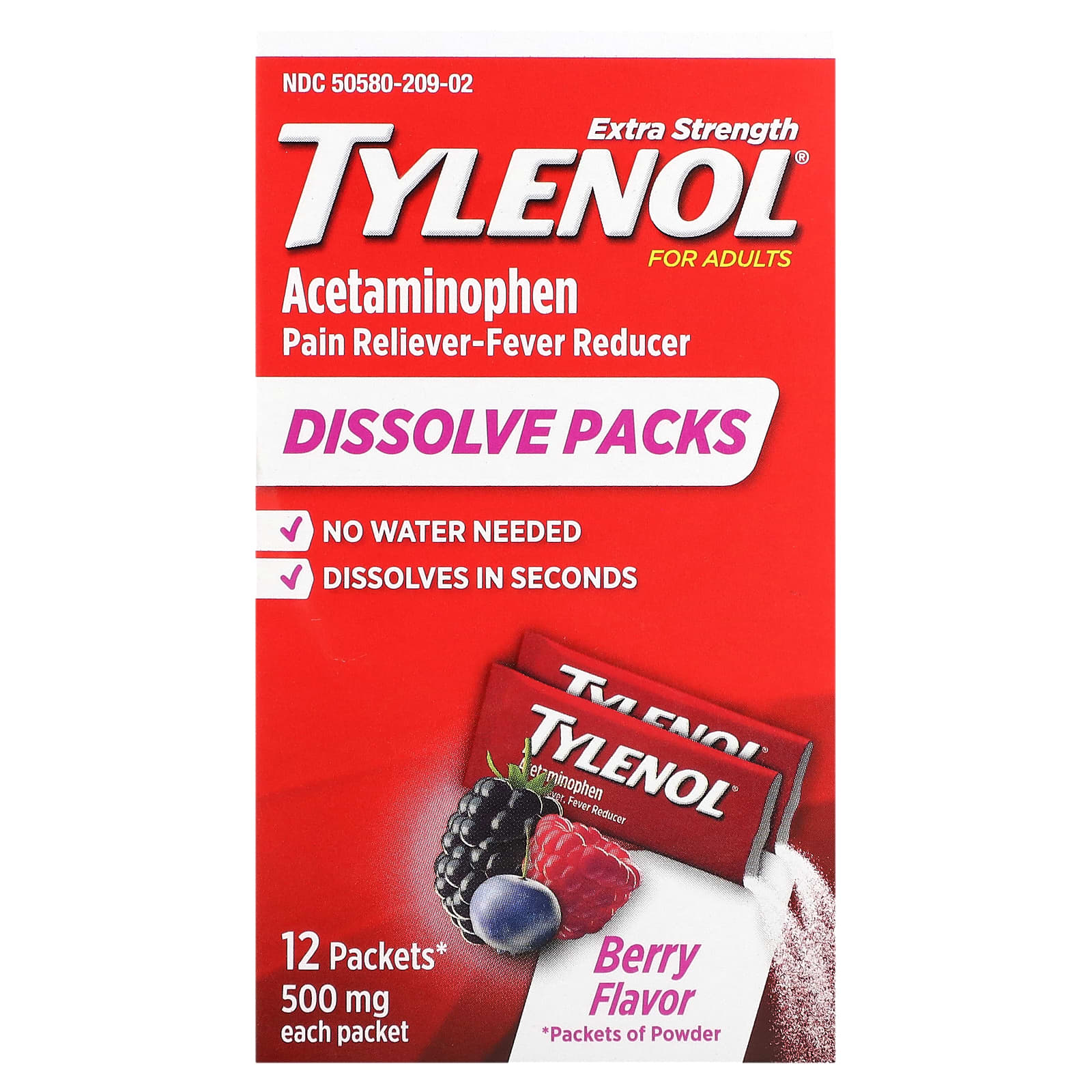 Tylenol, Acetaminophen Dissolve Packs for Adults, Berry Flavor, 500 mg, 12 Packets of Powder