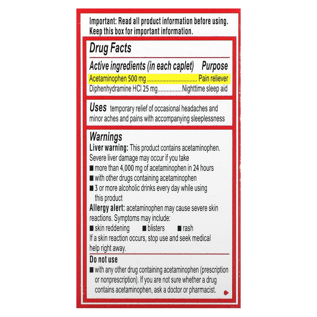 Tylenol, PM Acetaminophen, Pain Reliever, Nighttime Sleep Aid, 24 Caplets