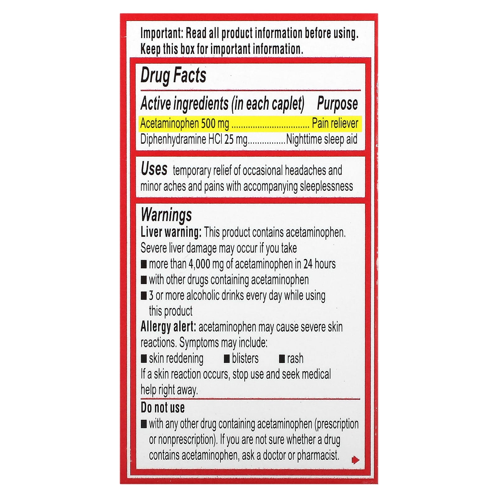 Tylenol, PM Acetaminophen, Pain Reliever, Nighttime Sleep Aid, 24 Caplets