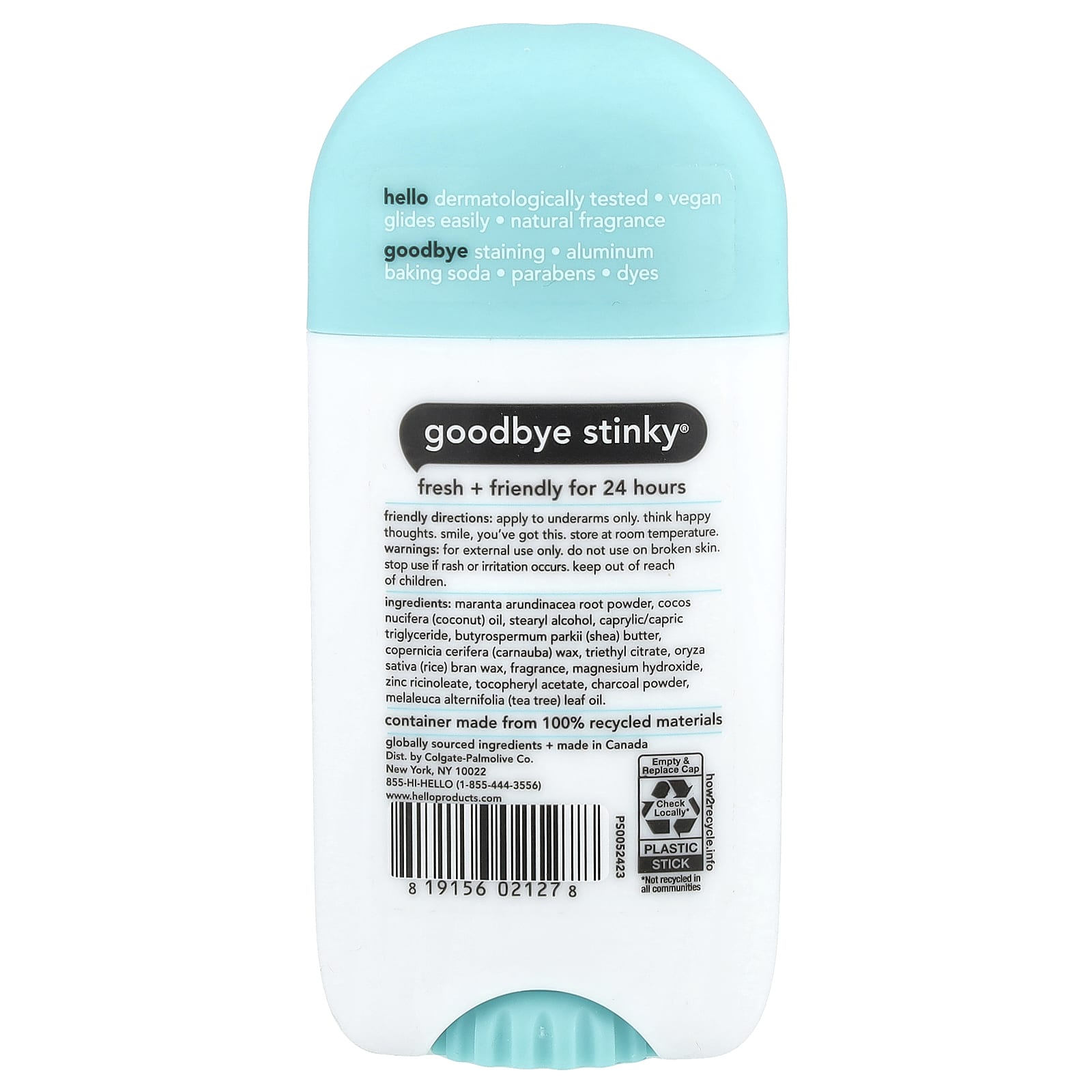 Hello, 24 Hr Deodorant with Charcoal, Clean + Fresh, 2.6 oz (73 g)