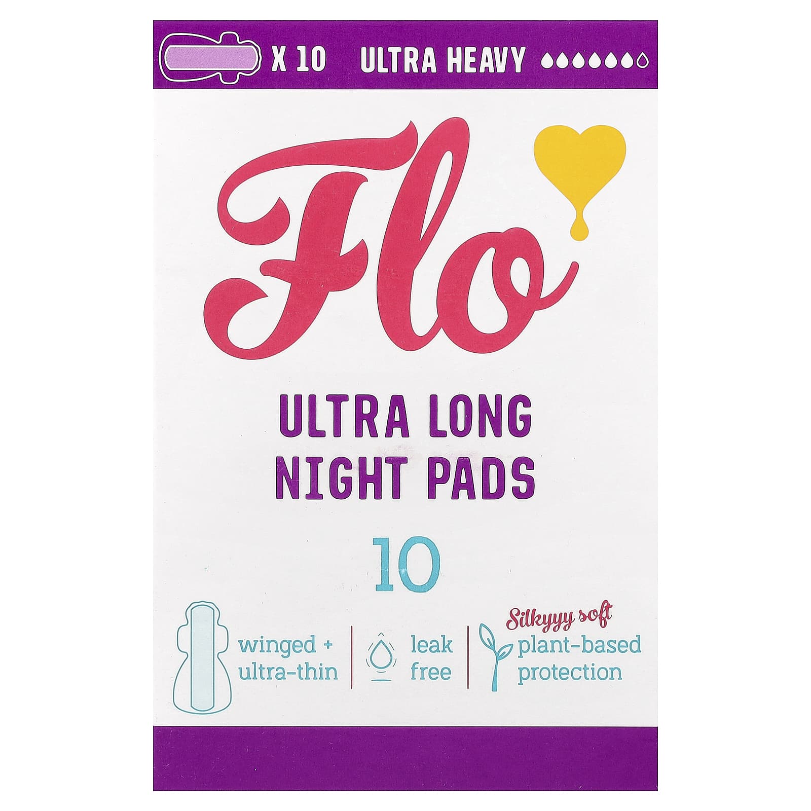 Here We Flo, Ultra Long Night Pads, Ultra Heavy, 10 Pads