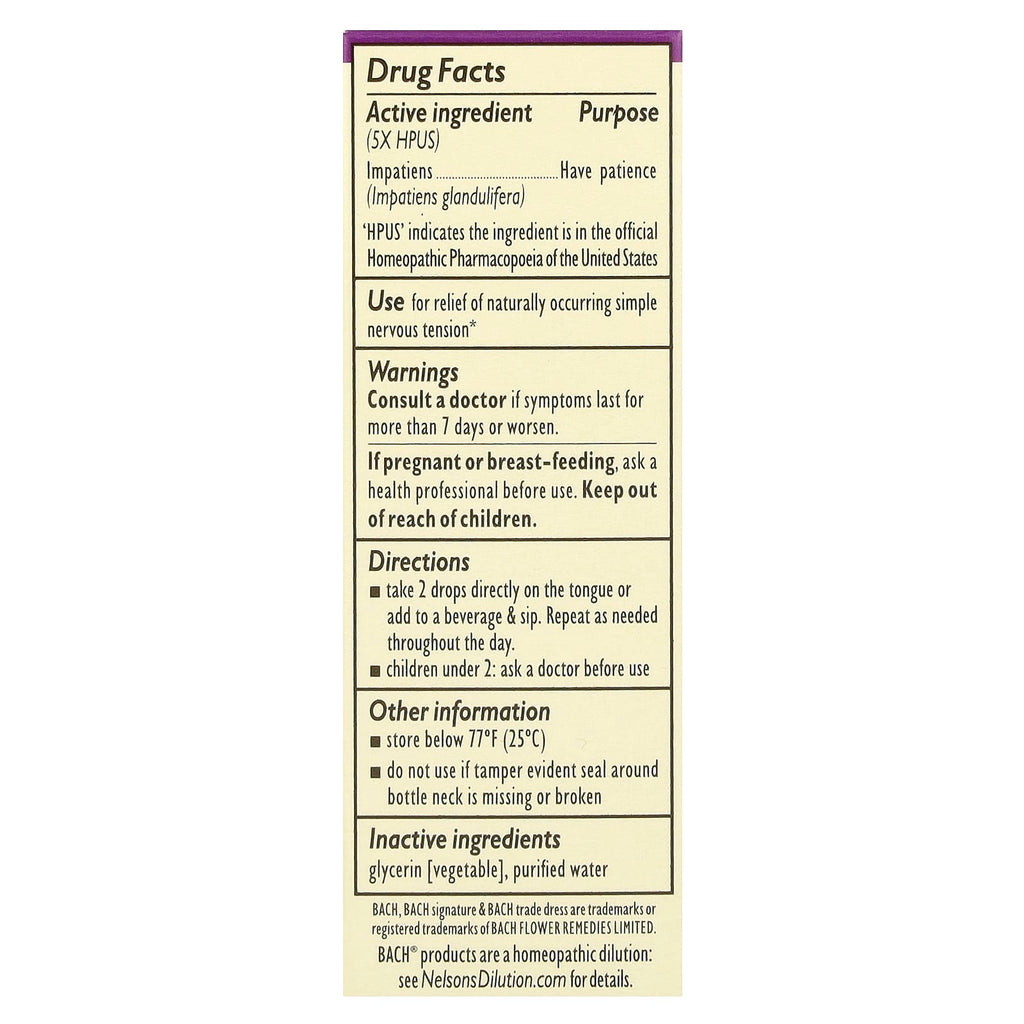 Bach, Original Flower Remedies, Impatiens, 0.35 fl oz (10 ml)