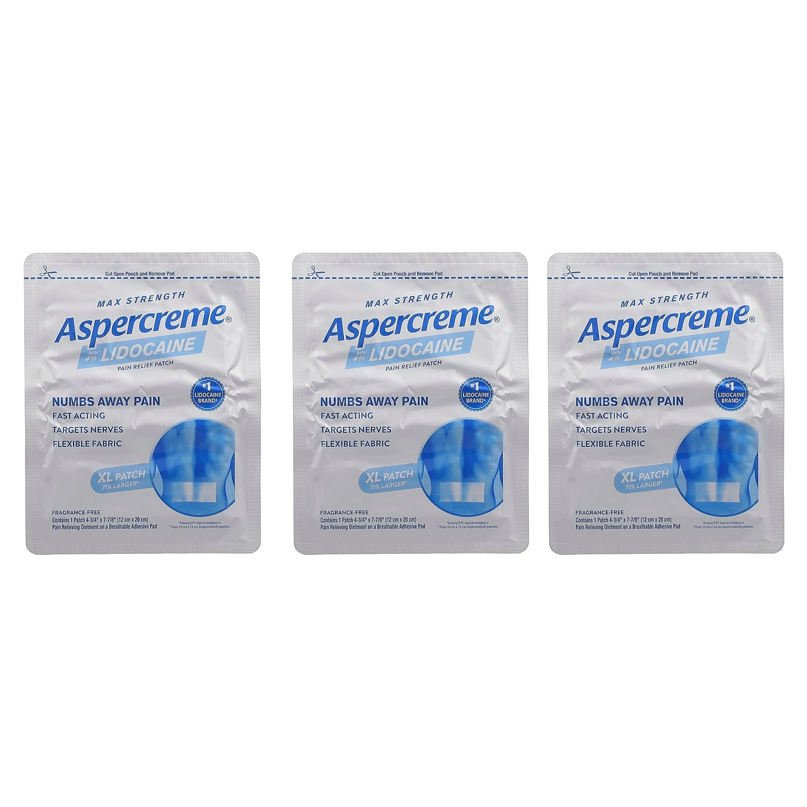 Aspercreme, Pain Relief Patch with 4% Lidocaine, Max Strength, XL, Fragrance-Free, 3 Patches