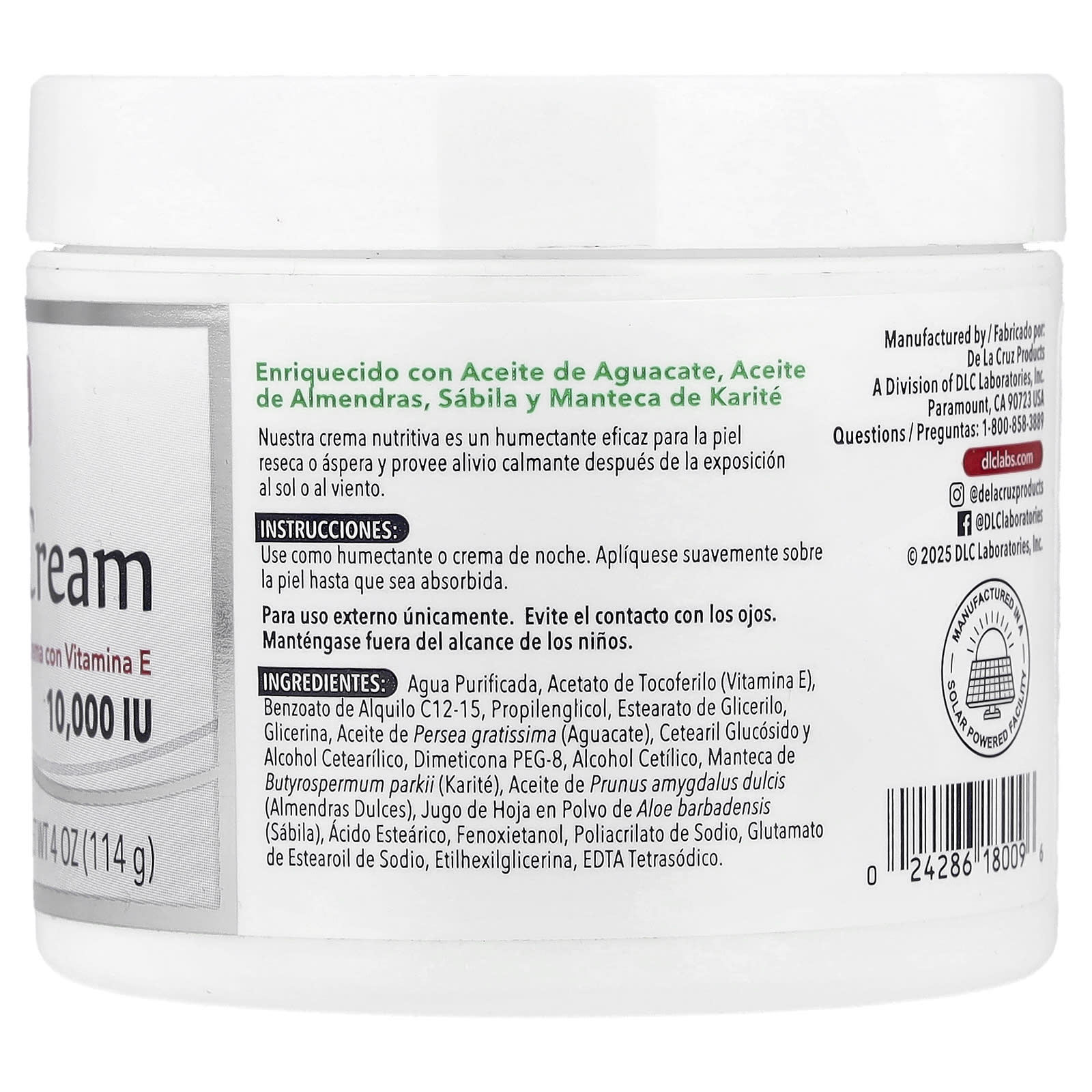 De La Cruz, Vitamin E Cream, Fragrance Free, 4 oz (114 g)
