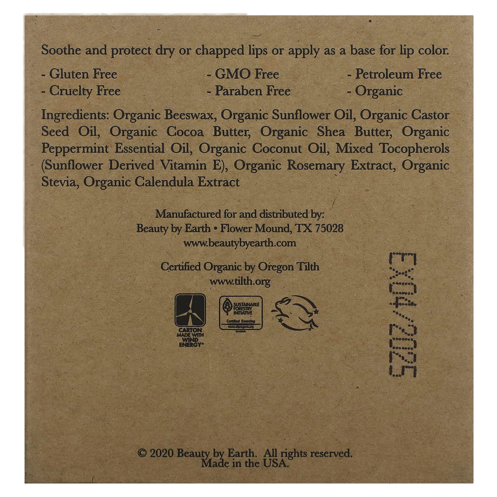 Beauty By Earth, Organic Beeswax Lip Balm, Peppermint, 4 Tubes, 0.15 oz Each