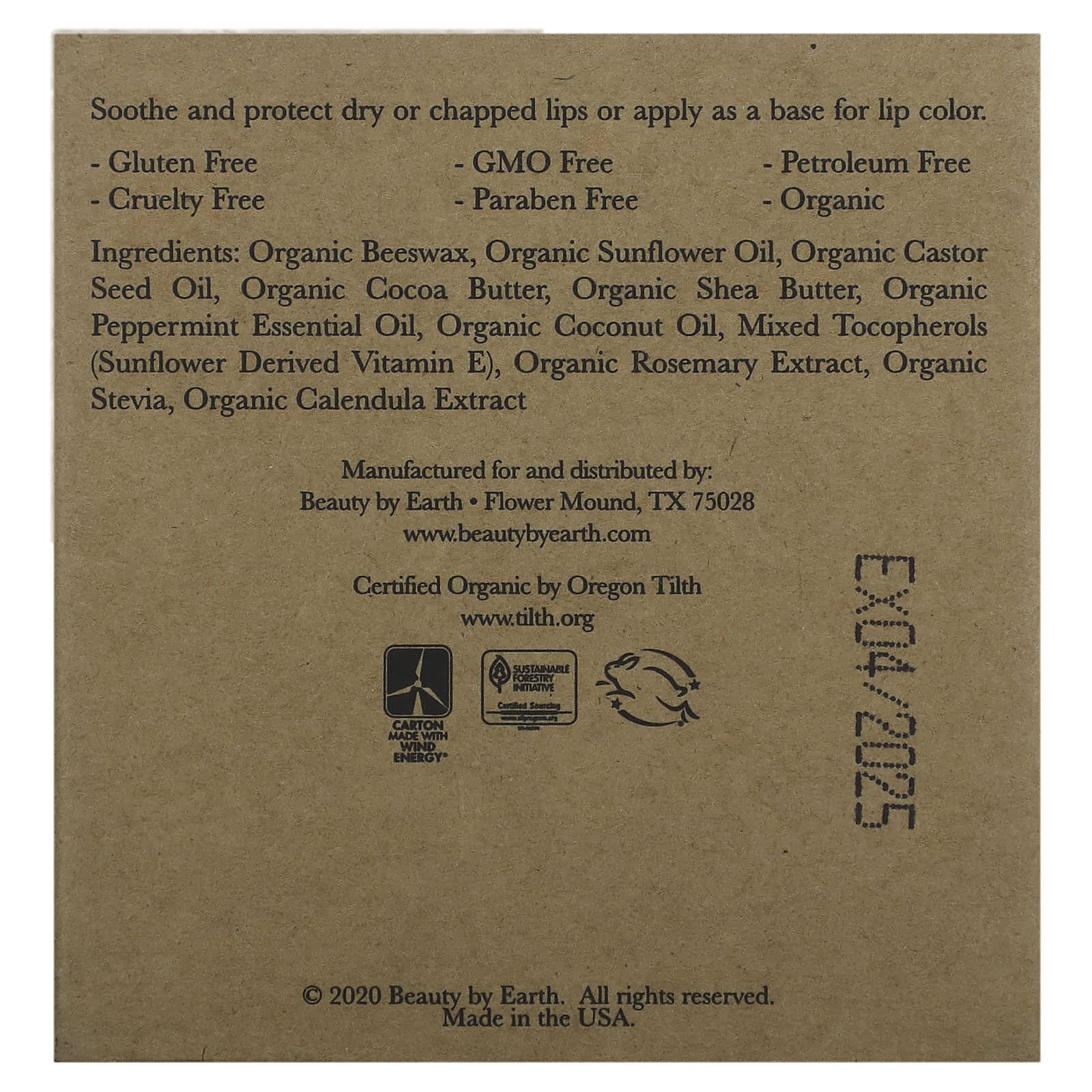 Beauty By Earth, Organic Beeswax Lip Balm, Peppermint, 4 Tubes, 0.15 oz Each