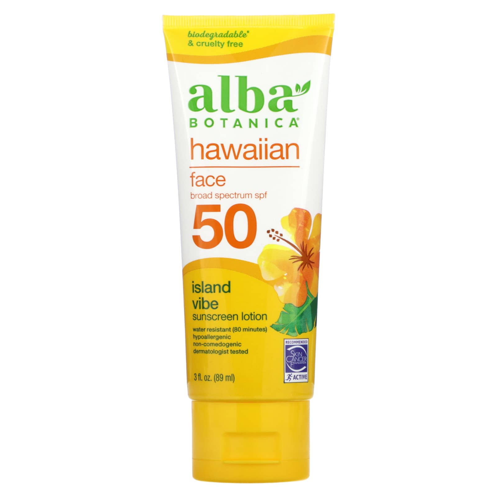Alba Botanica, Hawaiian Face Sunscreen Lotion, SPF 50, Island Vibe , 3 fl oz (89 ml)