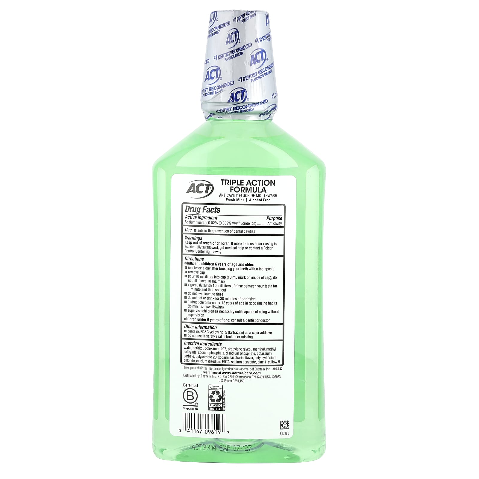 Act, Total Care Anticavity Fluoride Mouthwash, Alcohol Free, Fresh Mint, 33.8 fl oz (1 L)