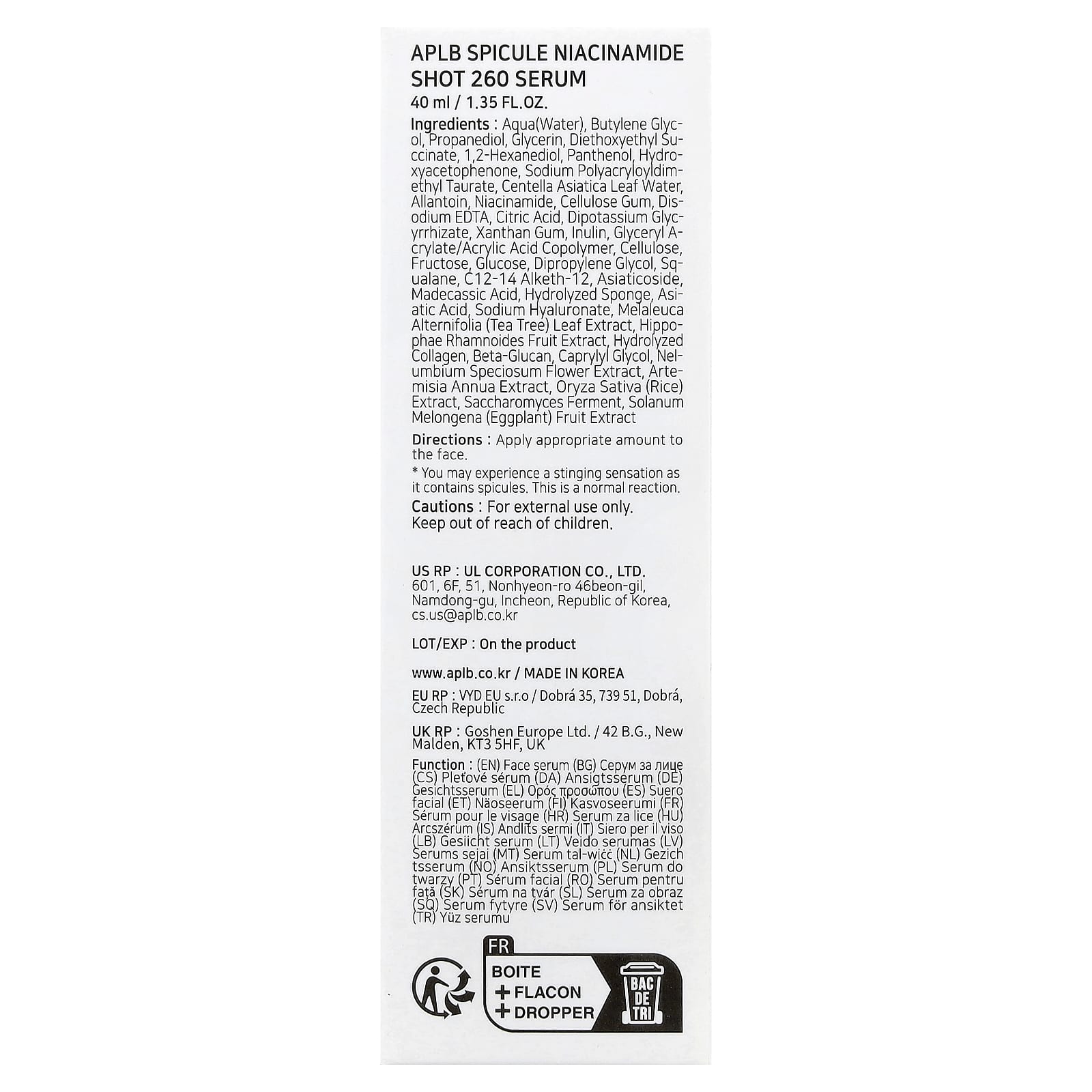 APLB, Spicule Niacinamide Shot 260 Serum, 1.35 fl oz (40 ml)