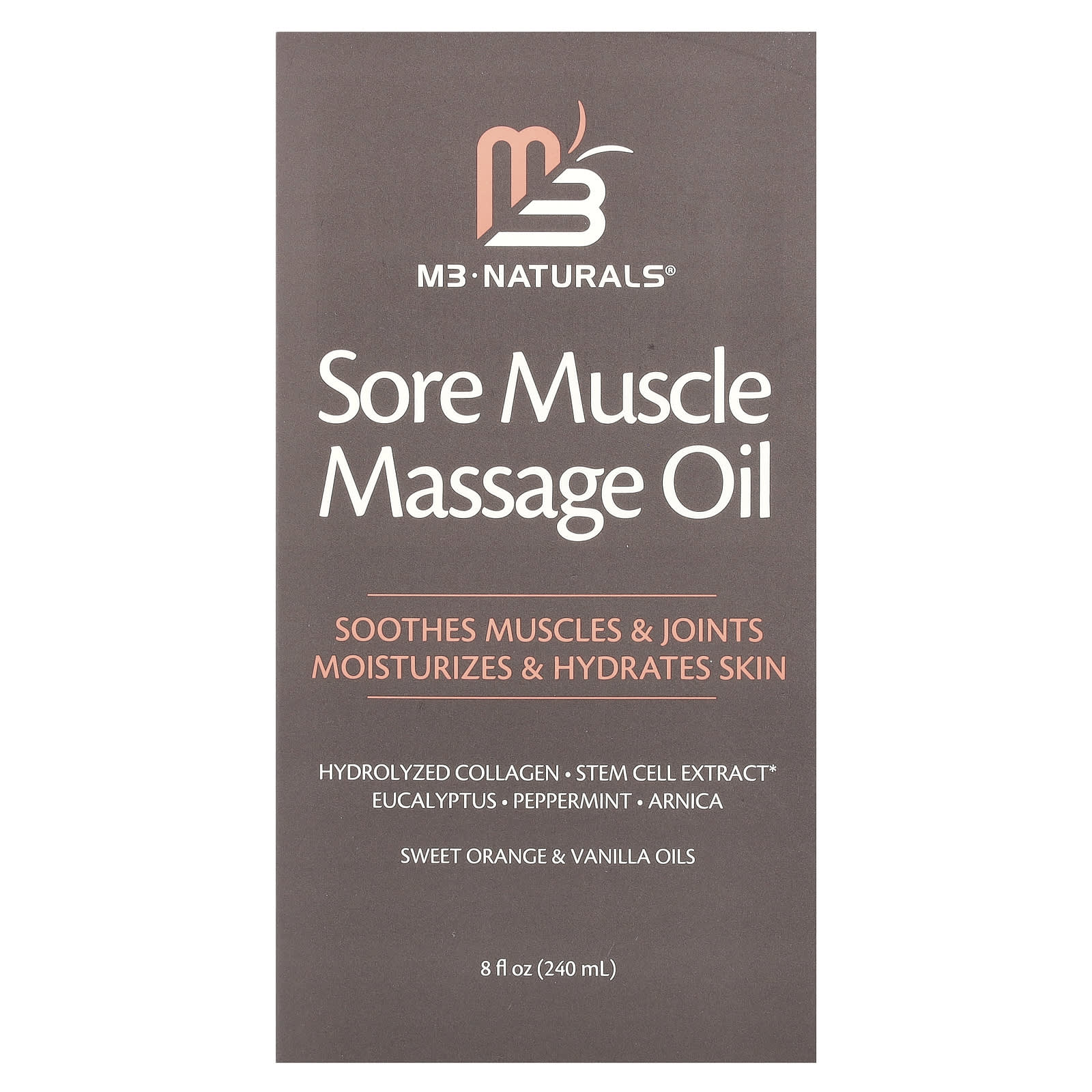M3 Naturals, Sore Muscle Massage Oil, Sweet Orange & Vanilla, 8 fl oz (240 ml)