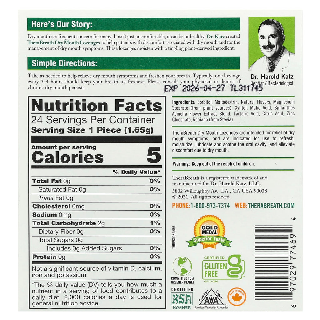 TheraBreath, Dry Mouth Lozenges, Tart Berry, 24 Sugar Free Lozenges