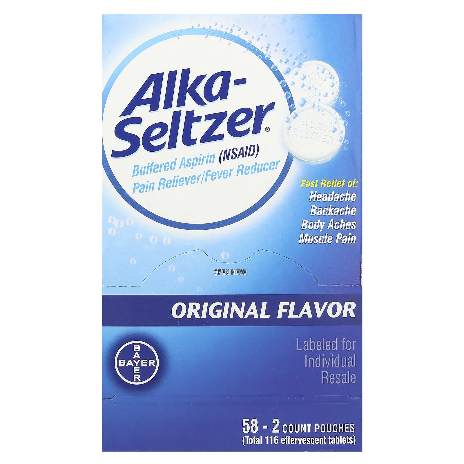 Alka-Seltzer, Buffered Aspirin (NSAID) Pain Reliever/Fever Reducer, Original, 325 mg , 58 Pouches, 2 Count Each