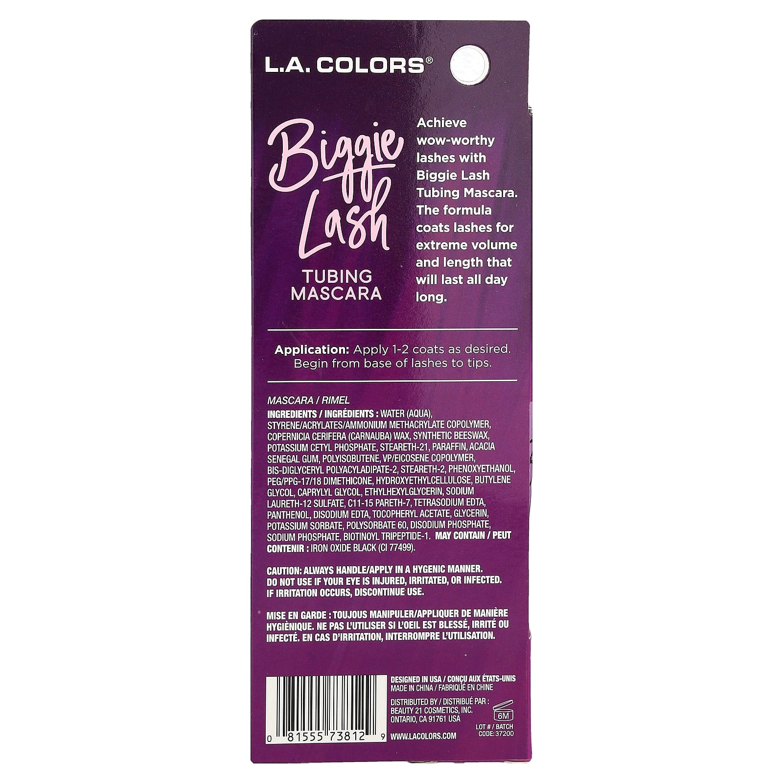 L.A. Colors, Biggie Lash, Tubing Mascara, CBMS812 Black, 0.41 fl oz (12 ml)