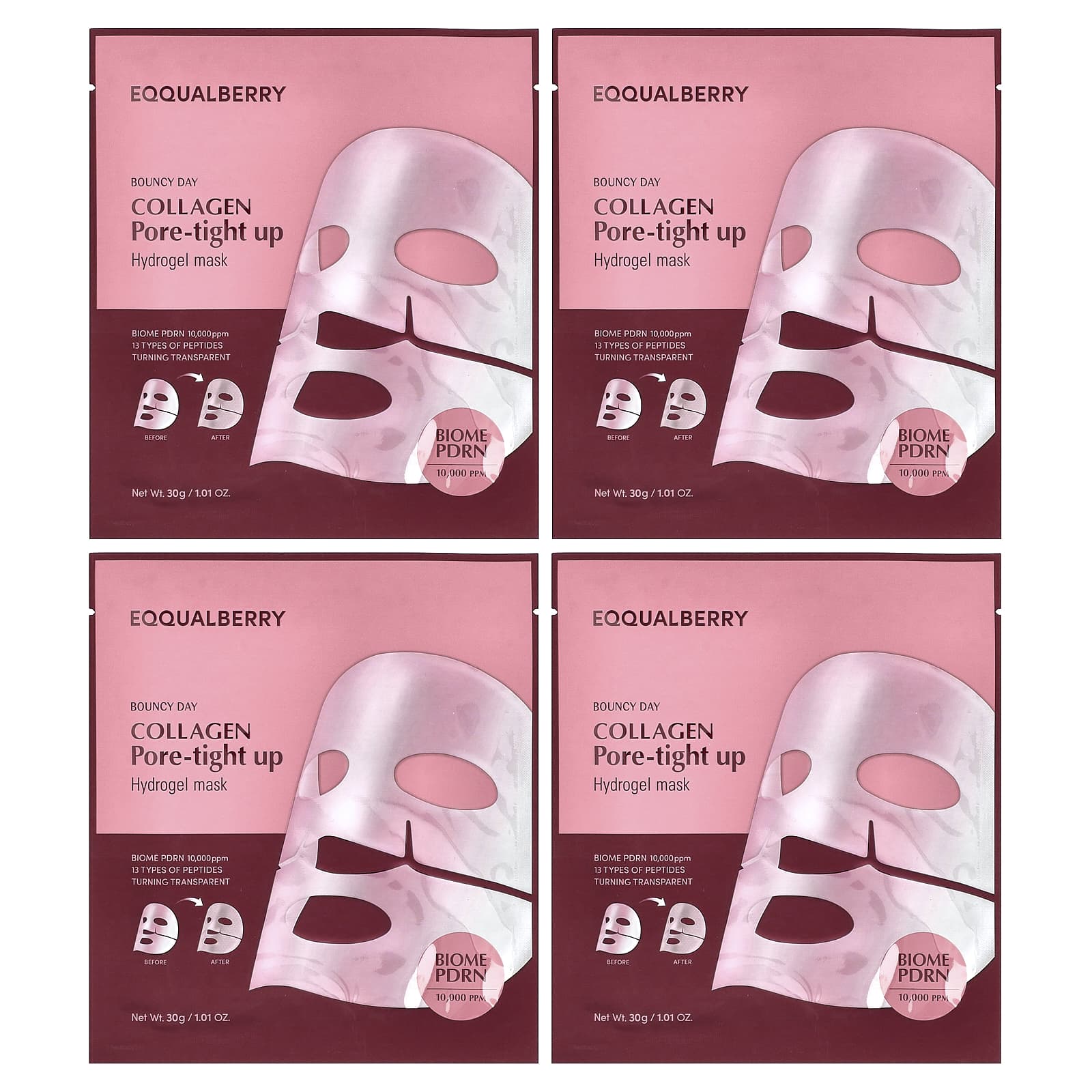 EQQUALBERRY, Bouncy Day, Collagen Pore-Tight Up, Hydrogel Beauty Mask, 4 Sheet, 1.01 oz (30 g) Each