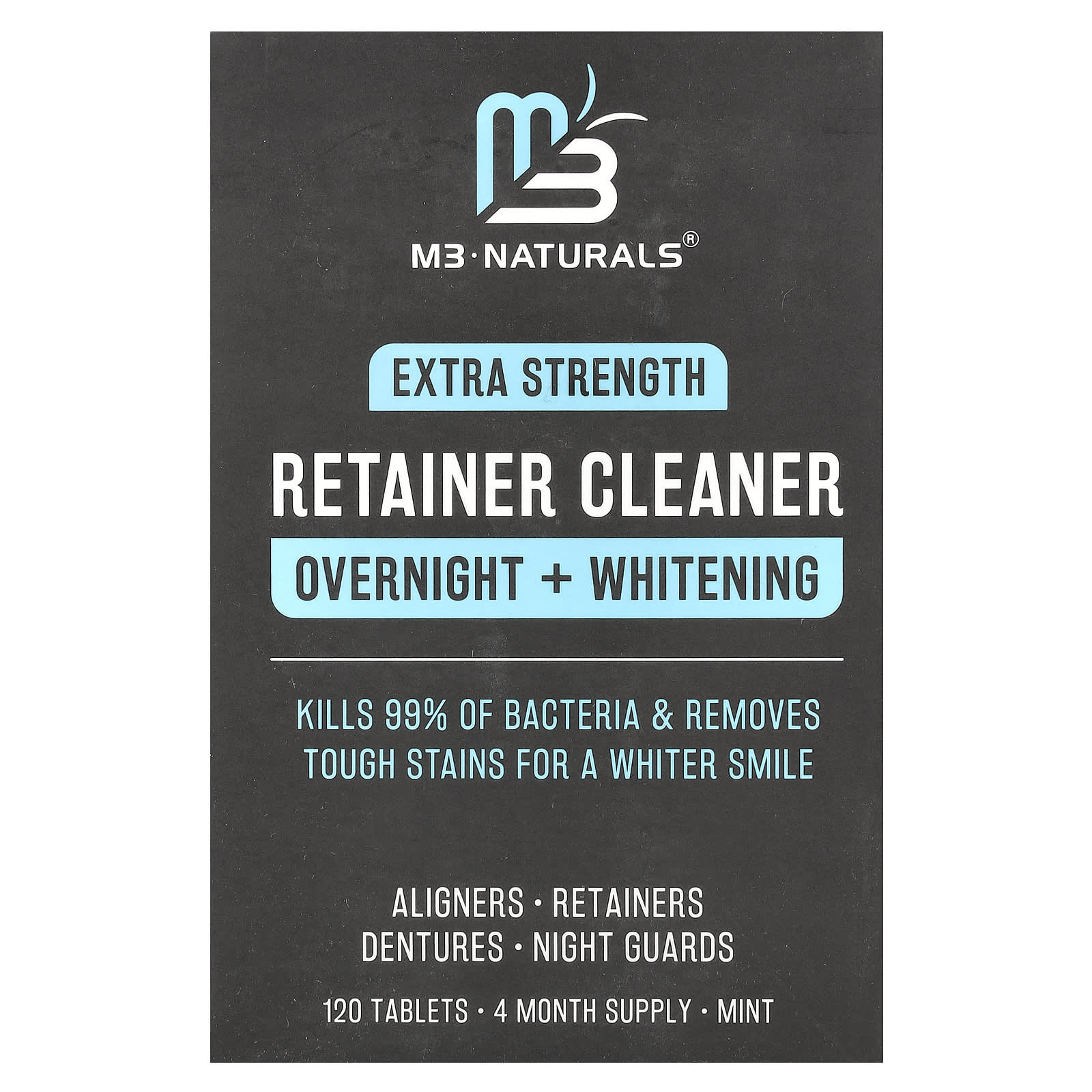 M3 Naturals, Retainer Cleaner, Overnight + Whitening, Mint, 120 Tablets