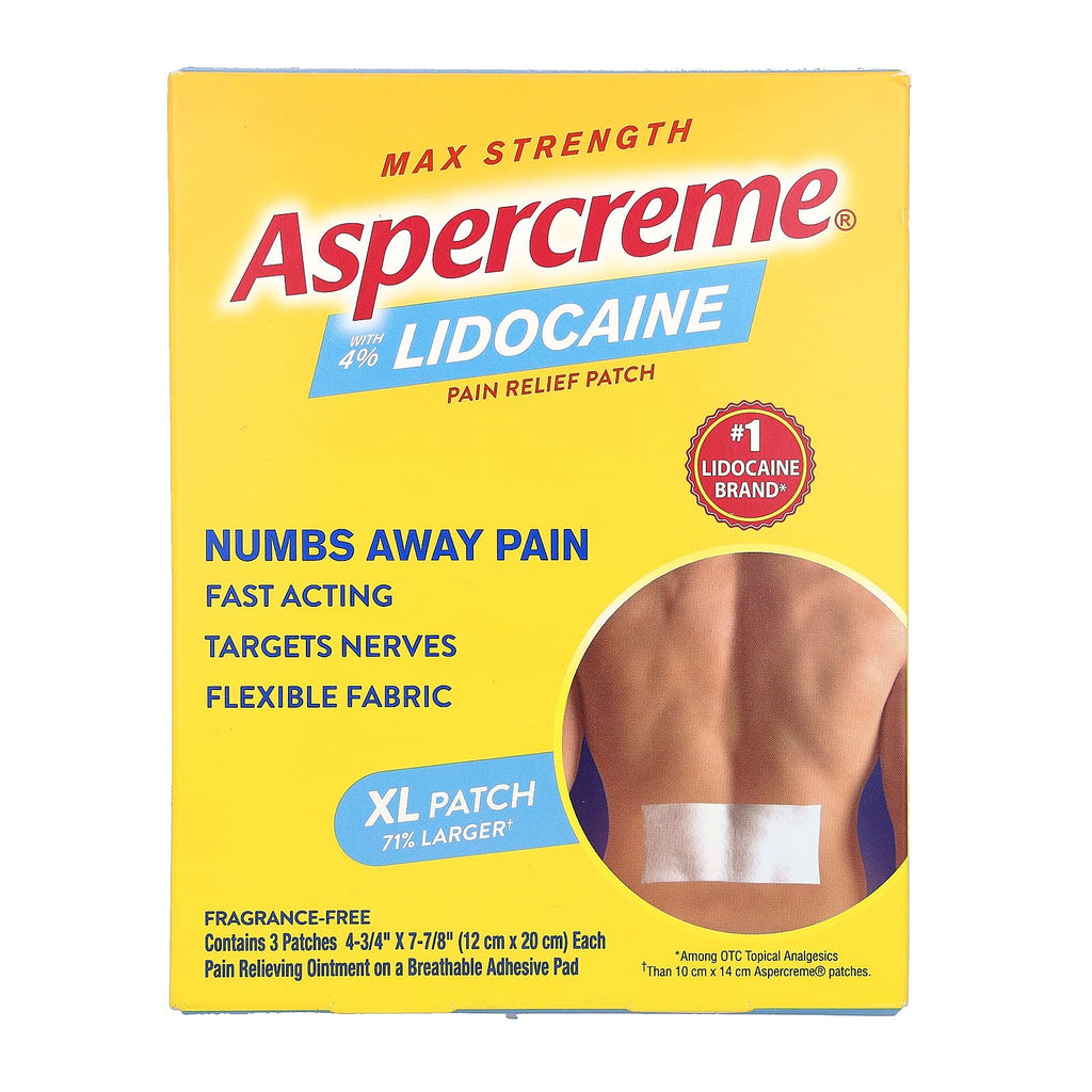 Aspercreme, Pain Relief Patch with 4% Lidocaine, Max Strength, XL, Fragrance-Free, 3 Patches