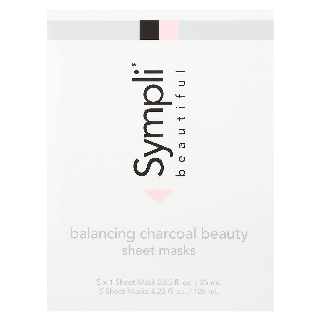 Sympli Beautiful, Balancing Charcoal Beauty Sheet Masks, 5 Sheet Masks, 0.85 fl oz (25 ml) Each
