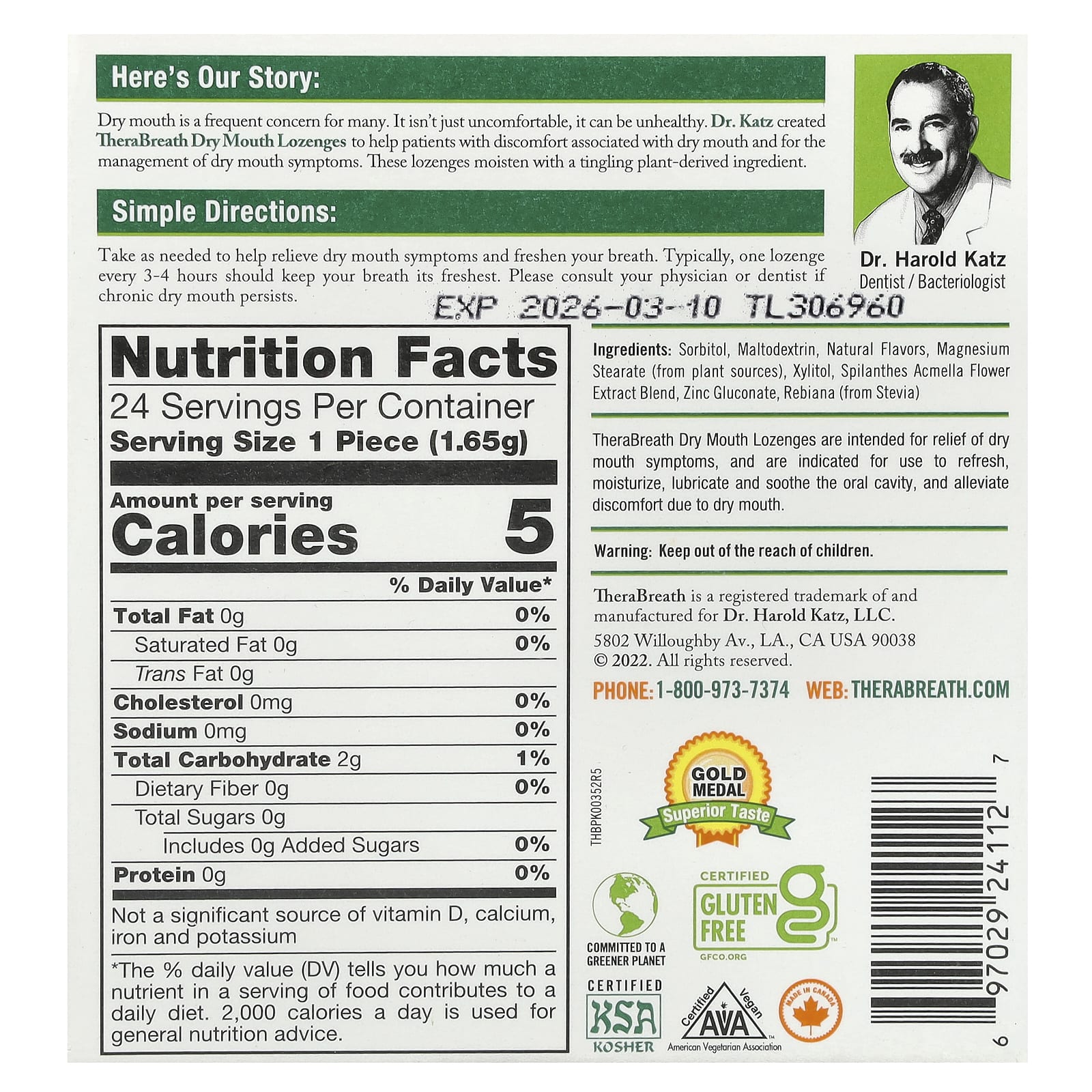 TheraBreath, Dry Mouth Lozenges, Mandarin + Mint, 24 Sugar Free Lozenges