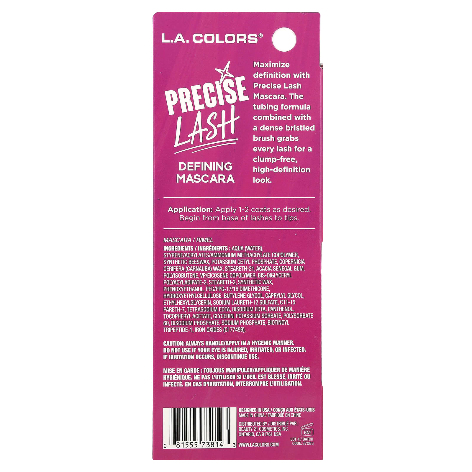 L.A. Colors, Precise Lash, Defining Mascara, CBMS814 Black , 0.41 fl oz (12 ml)