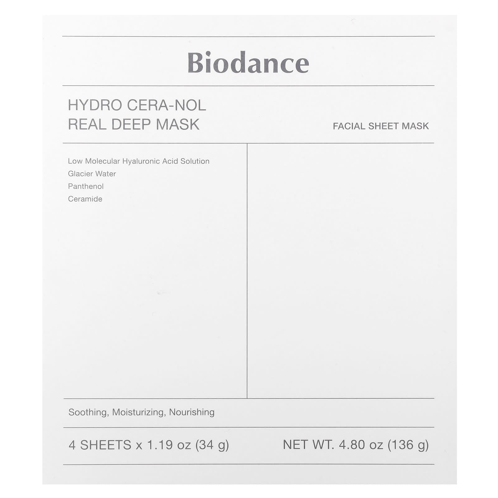 Biodance, Hydro Cera-Nol Real Deep Beauty Mask, 4 Sheets, 1.19 oz (34 g) Each