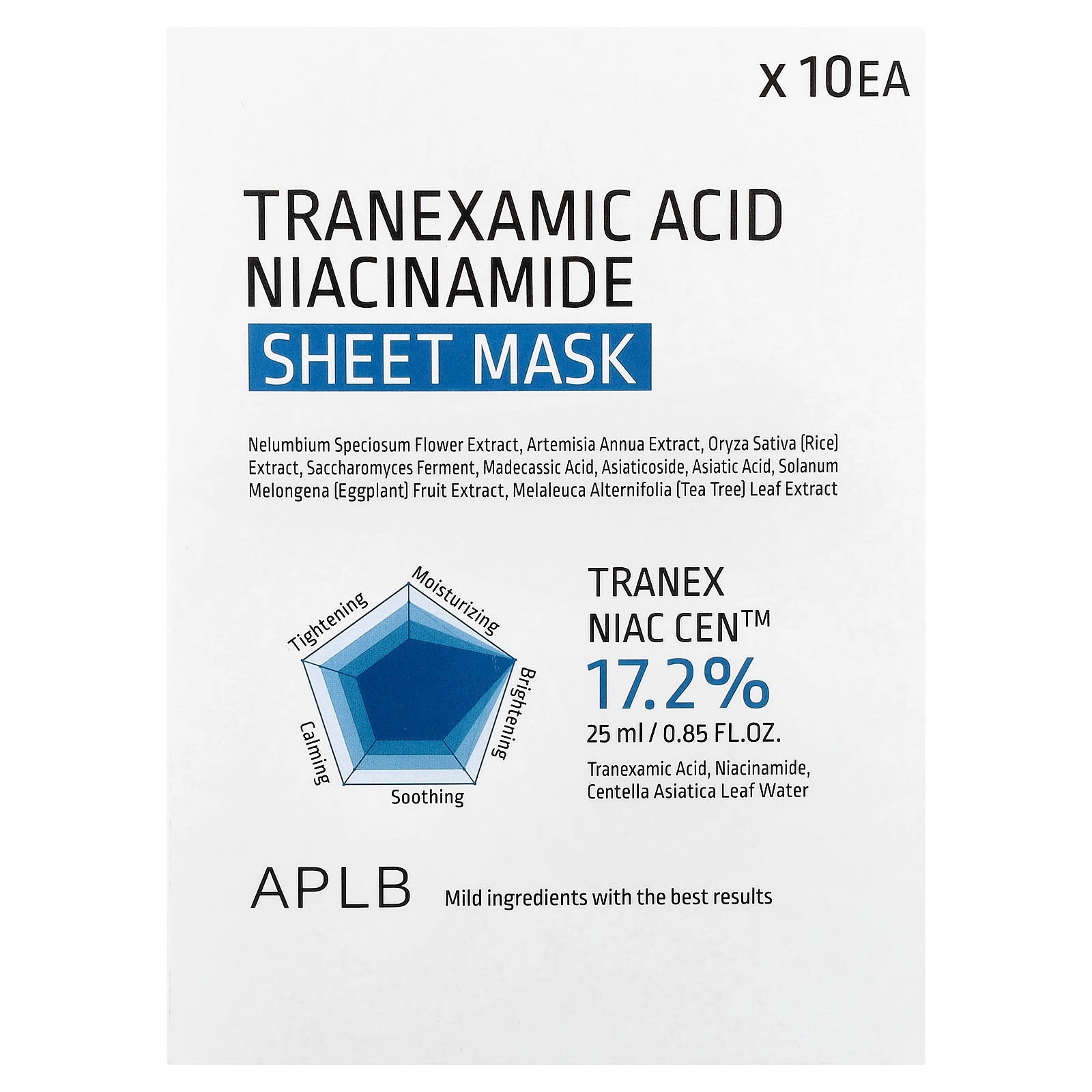 APLB, Tranexamic Acid Niacinamide Beauty Sheet Mask, 10 Sheets, 0.85 fl oz (25 ml) Each