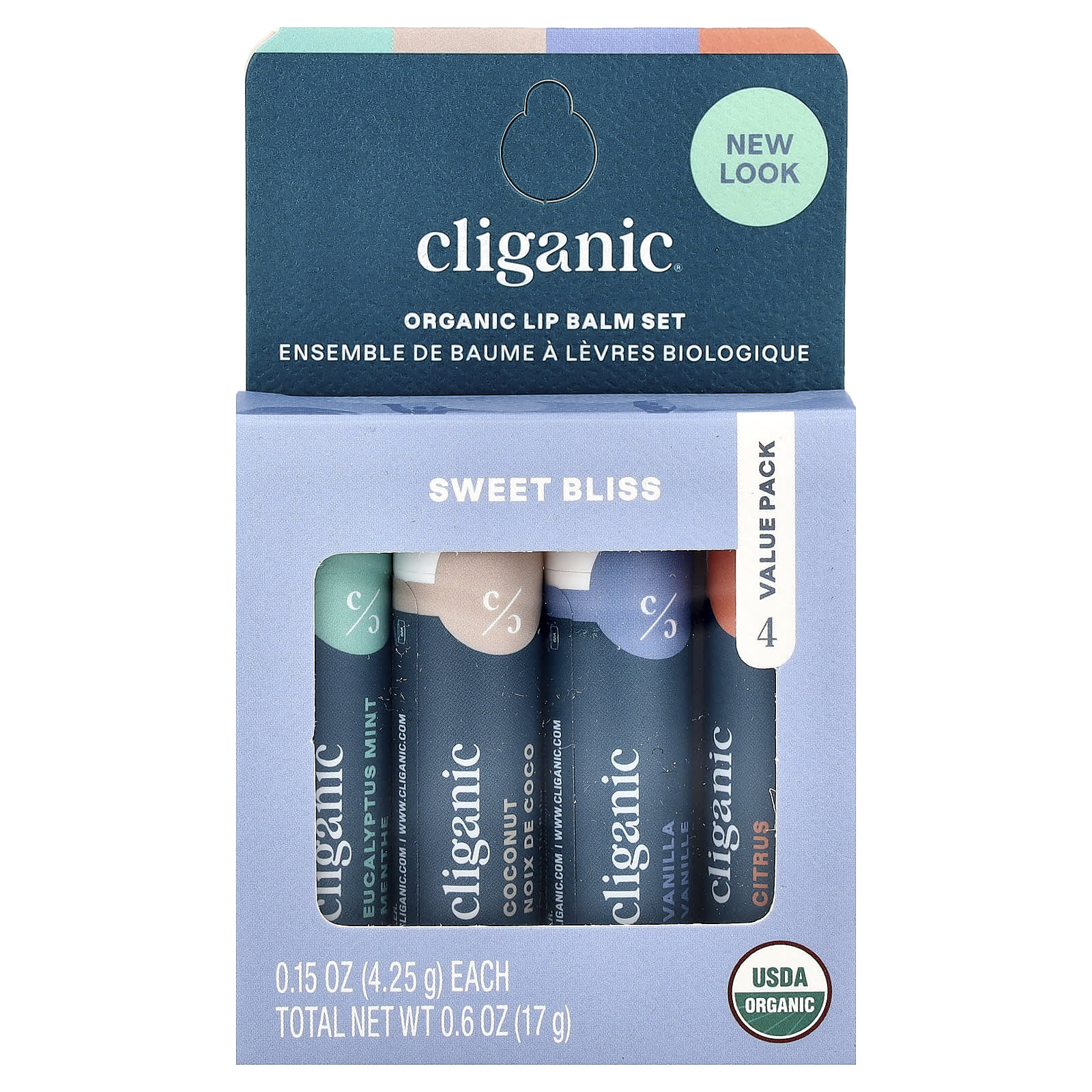 Cliganic, Organic Lip Balm Set, Sweet Bliss, 4 Pack, 0.15 oz (4.25 g) Each