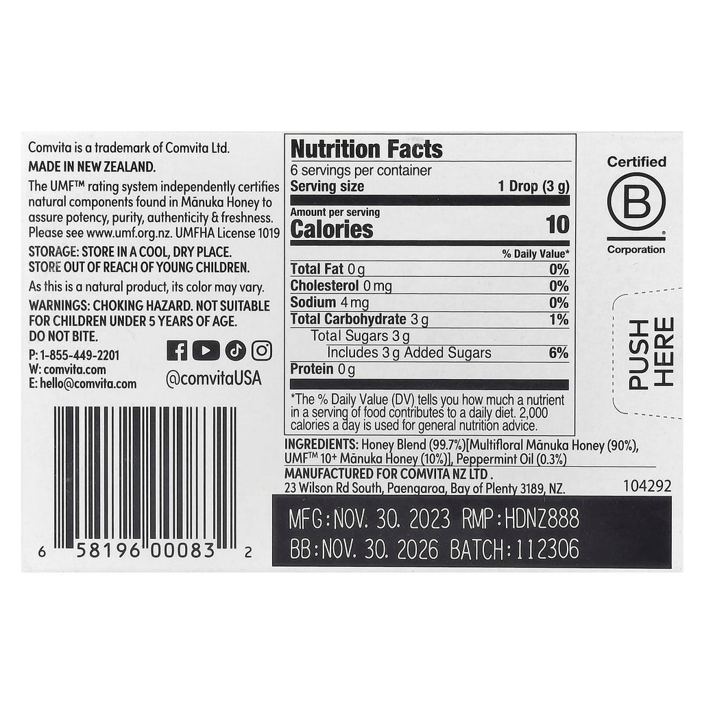Comvita, Manuka Honey Drops, Peppermint, 6 Drops, 0.63 oz (18 g)