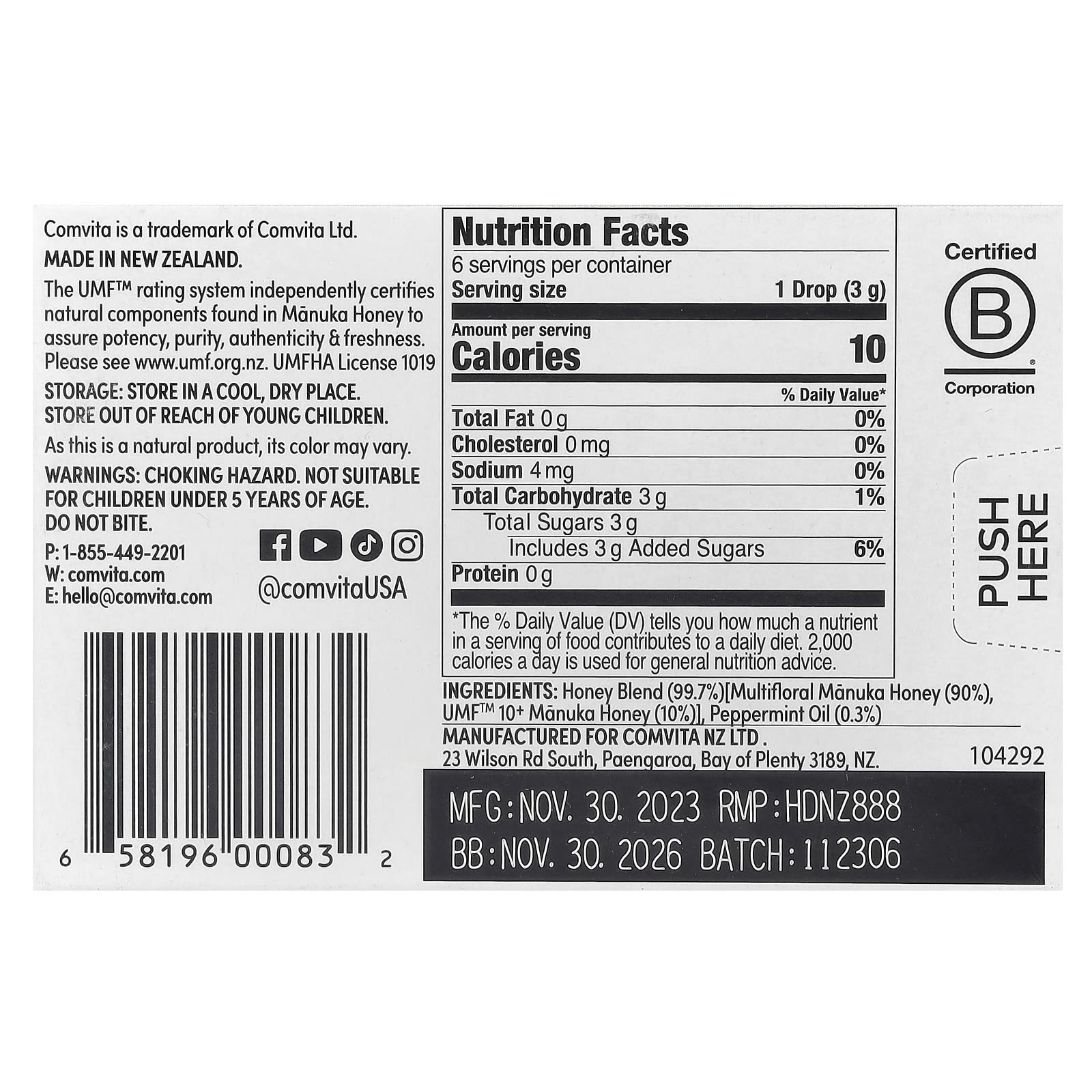 Comvita, Manuka Honey Drops, Peppermint, 6 Drops, 0.63 oz (18 g)